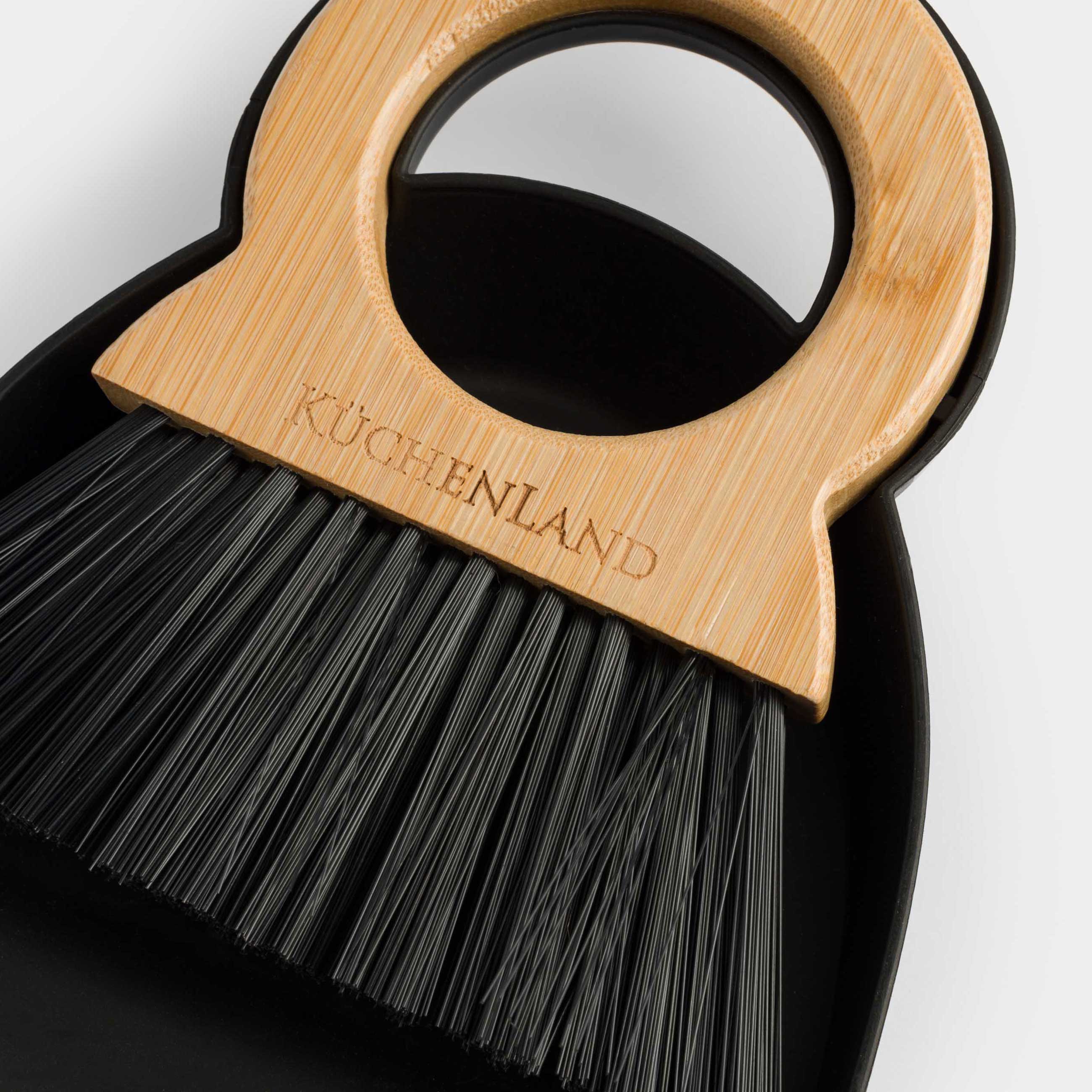 Garbage brush, with dustpan, 20 cm, bamboo / plastic, round handle, black, Black clean