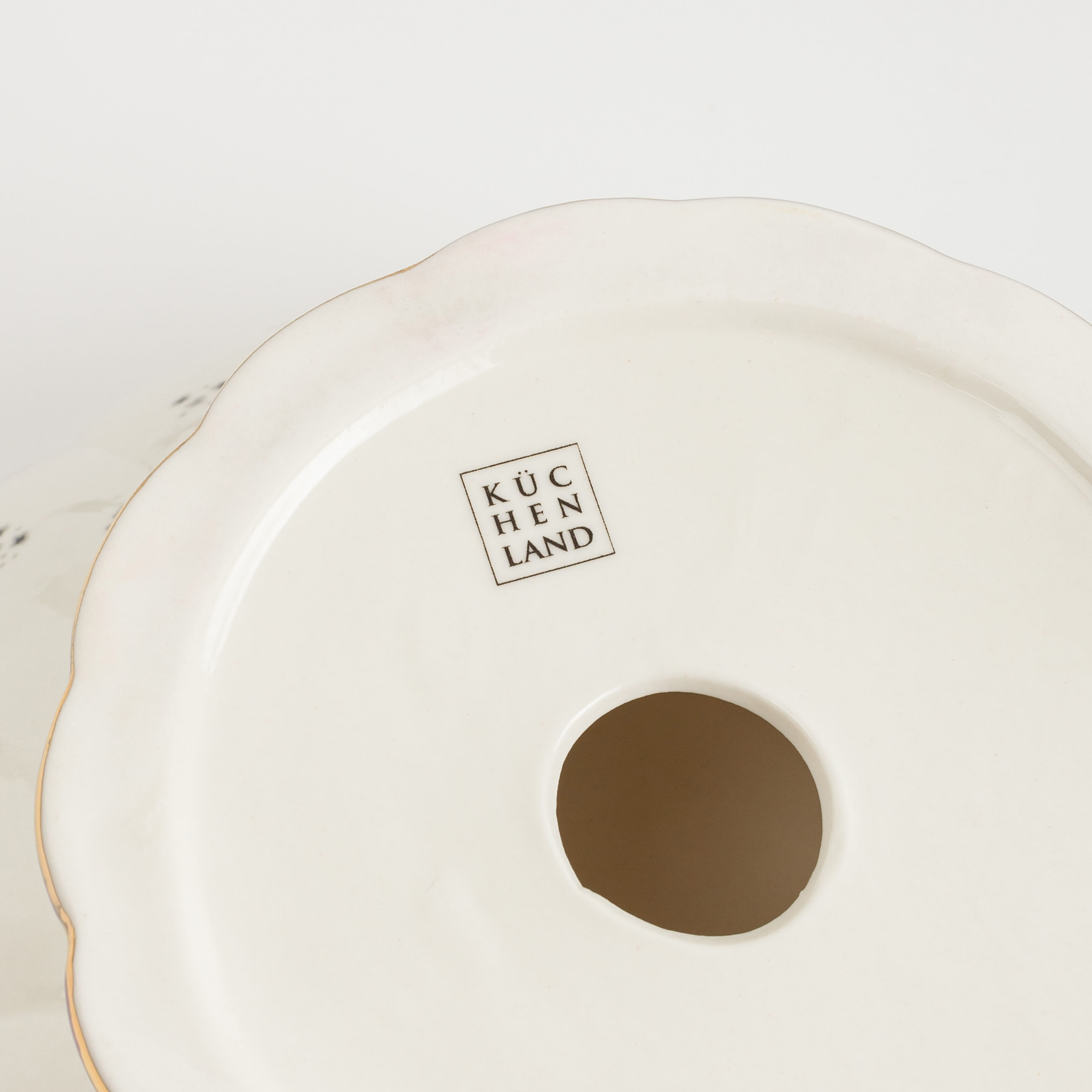 Fruit bowl, 24x15 cm, on a leg, porcelain P, milky, with golden edging, Grey flowers, Florals, image-4
