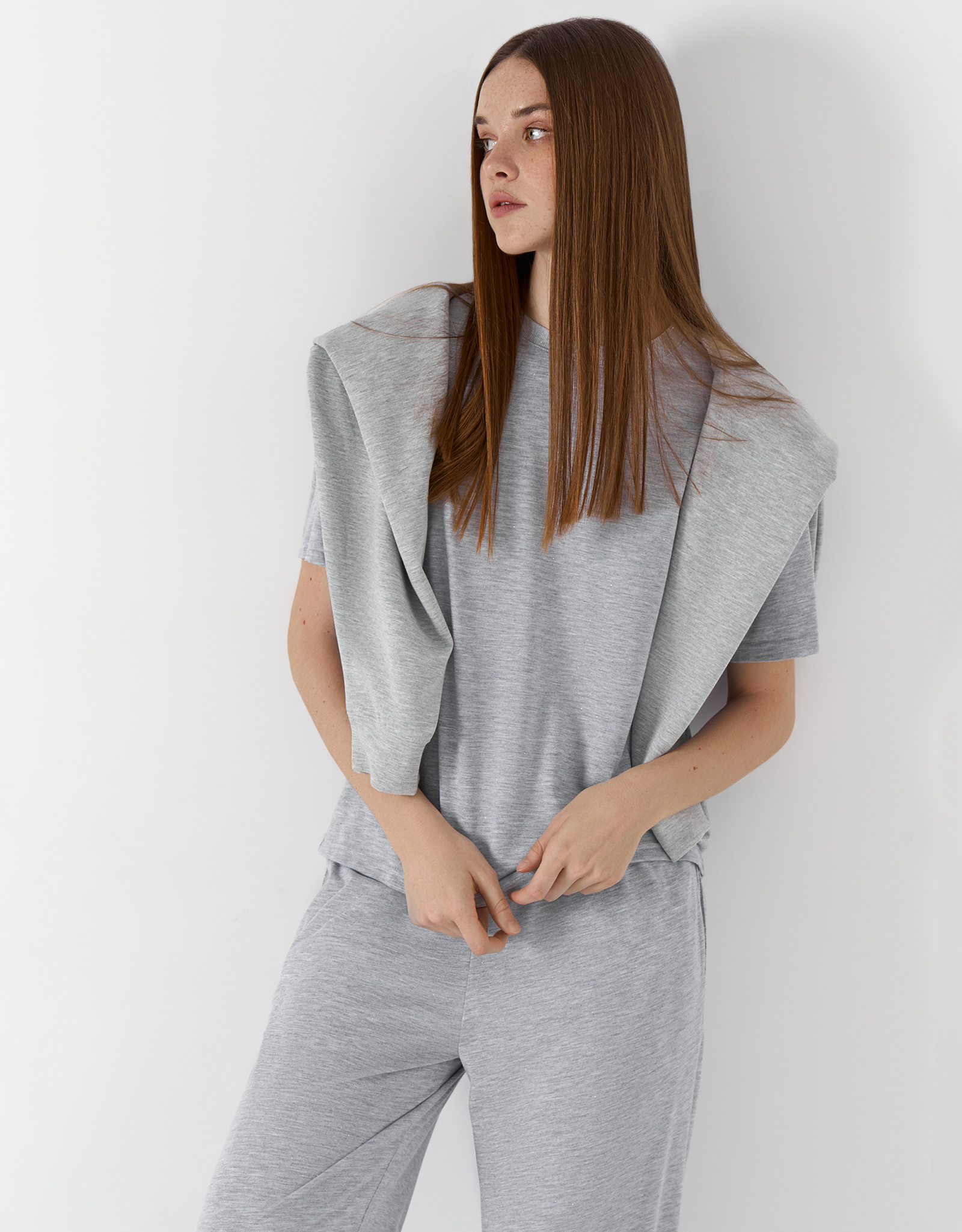 Women's T-shirt, homewear, size L, polyester / viscose / lurex, light gray, Awereona, image-1
