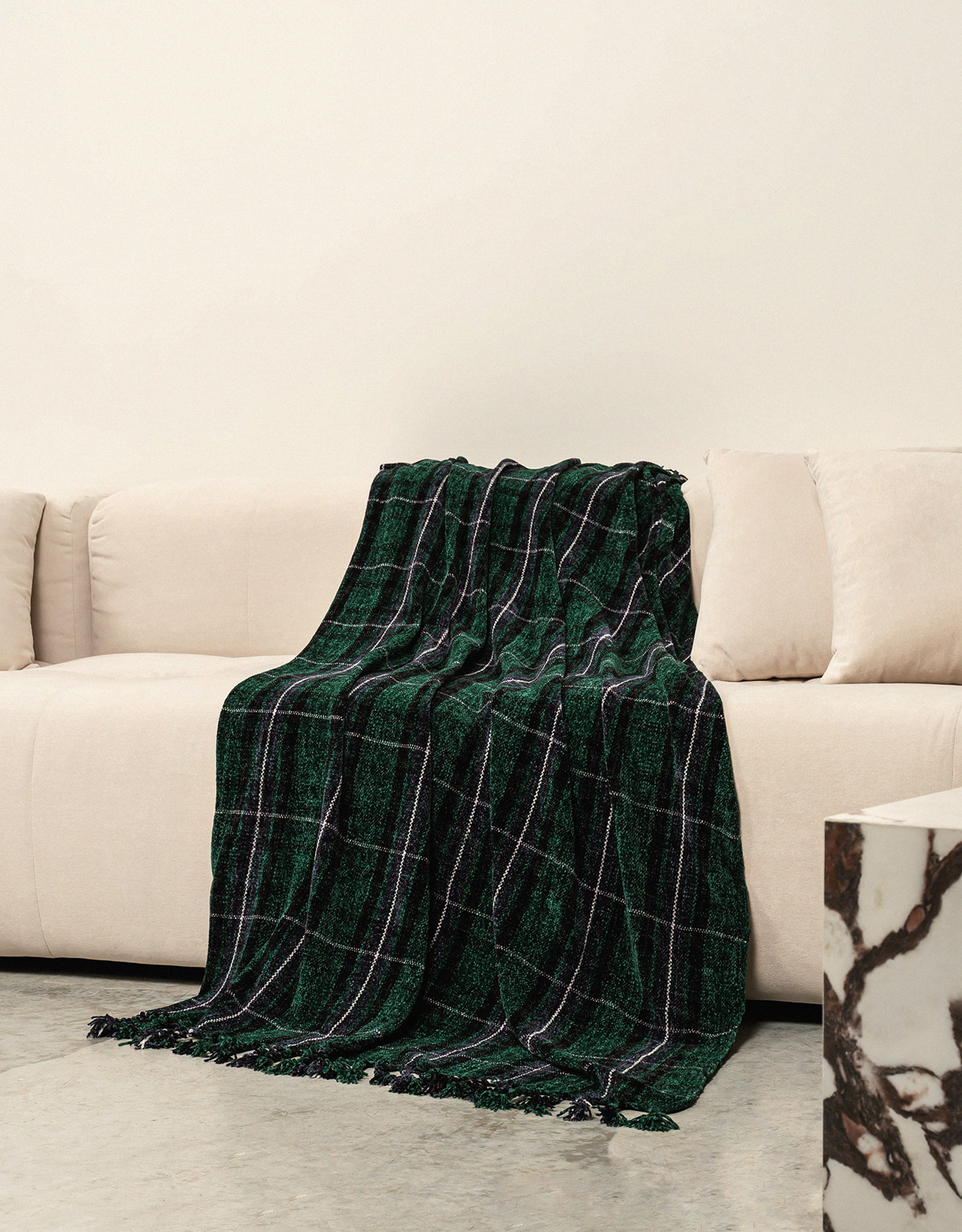 Plaid, 130x170 cm, fringed, chenille, green-blue, Checkered, Hazel, image-5