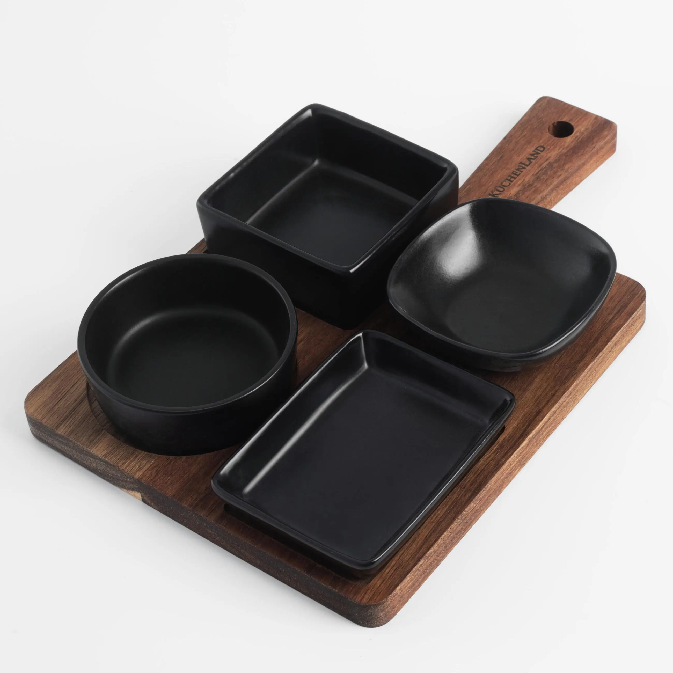 Snack set, 4 items, on a stand, ceramic / wood, black, Shape geometry, Black style , image-0