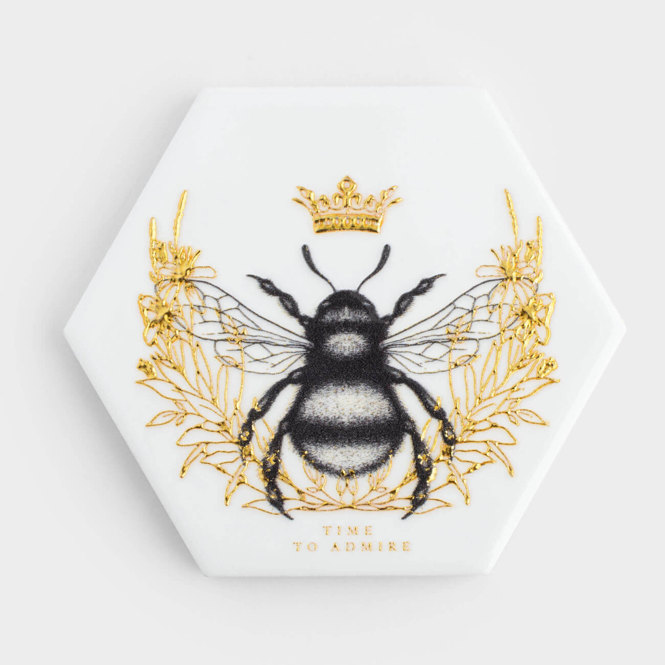 Coaster, 11 cm, ceramic / cork, hexagonal, white, Royal bee, Honey