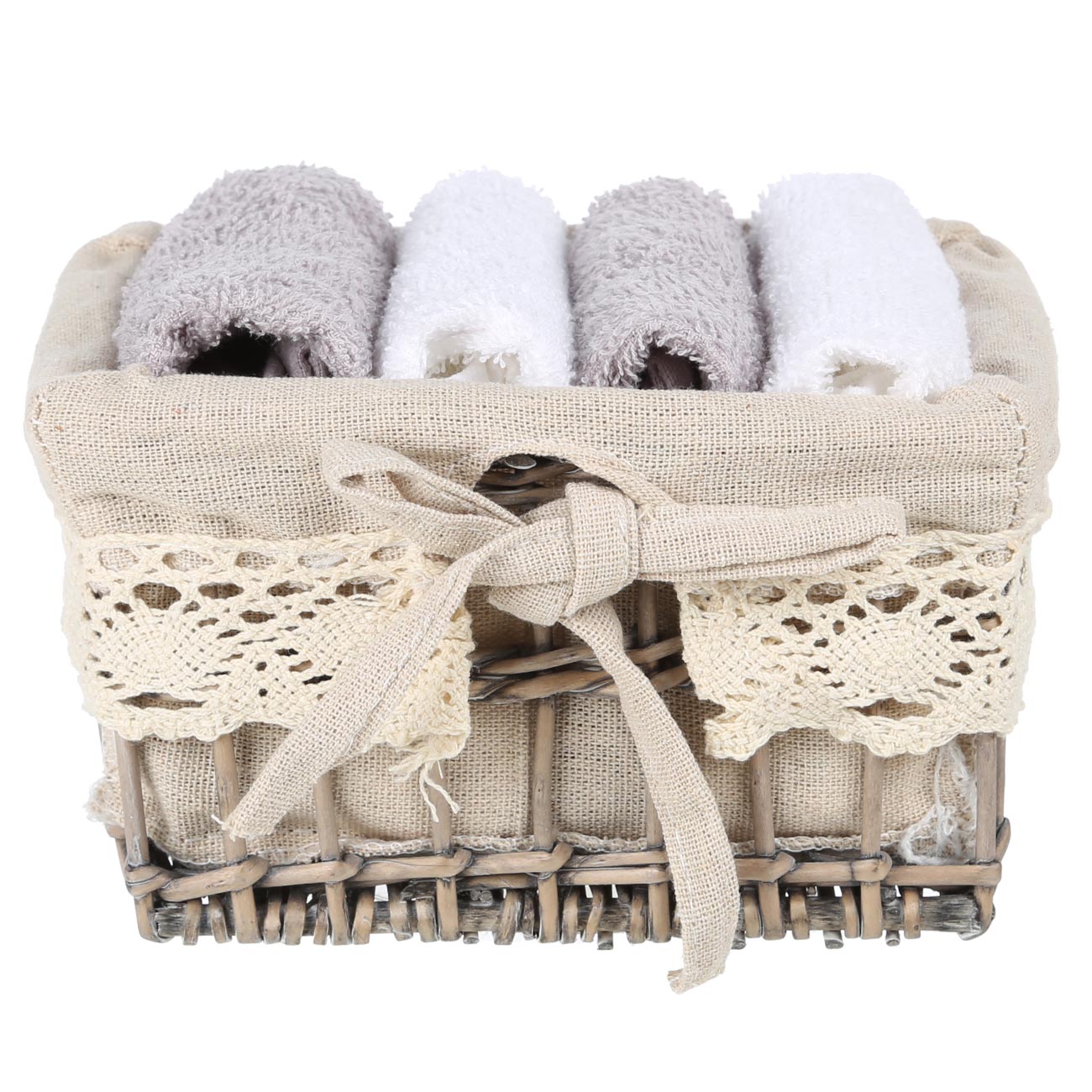 Towel, 30x30 cm, 4 pcs, in a basket, cotton / wood, white / gray, Basket towel, image-0