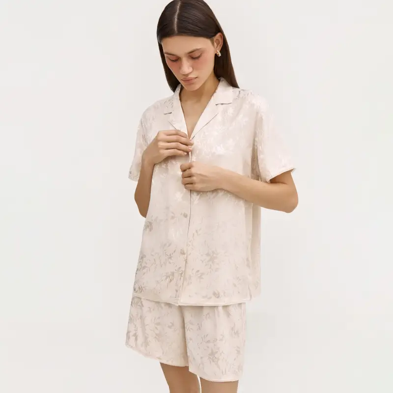 Women's shirt, homewear, size L, with short sleeves, viscose, milky, Flowers, Arisha ,image-0