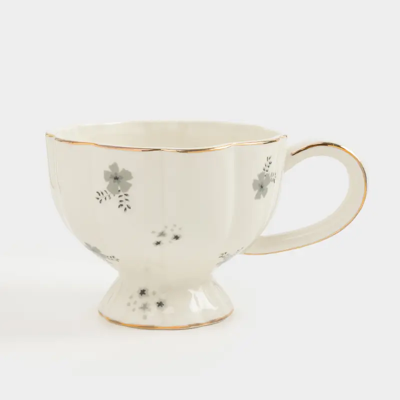 Mug, 360 ml, porcelain P, milky, with golden edging, Grey flowers, Florals ,image-0