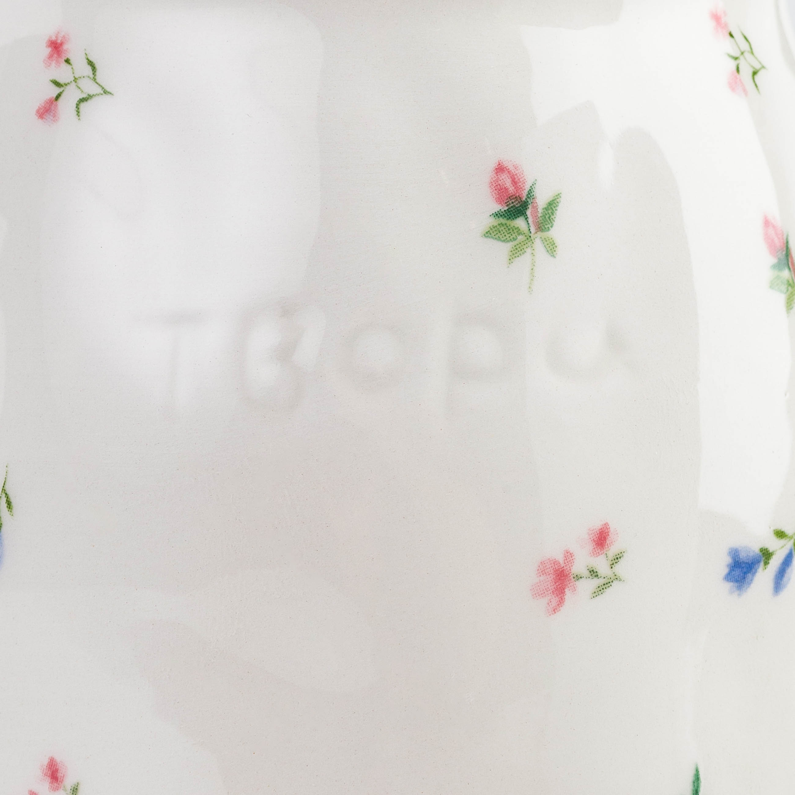 Sugar bowl, 12 cm, 370 ml, with spoon, ceramic / wood, milky, Flowers, El flora