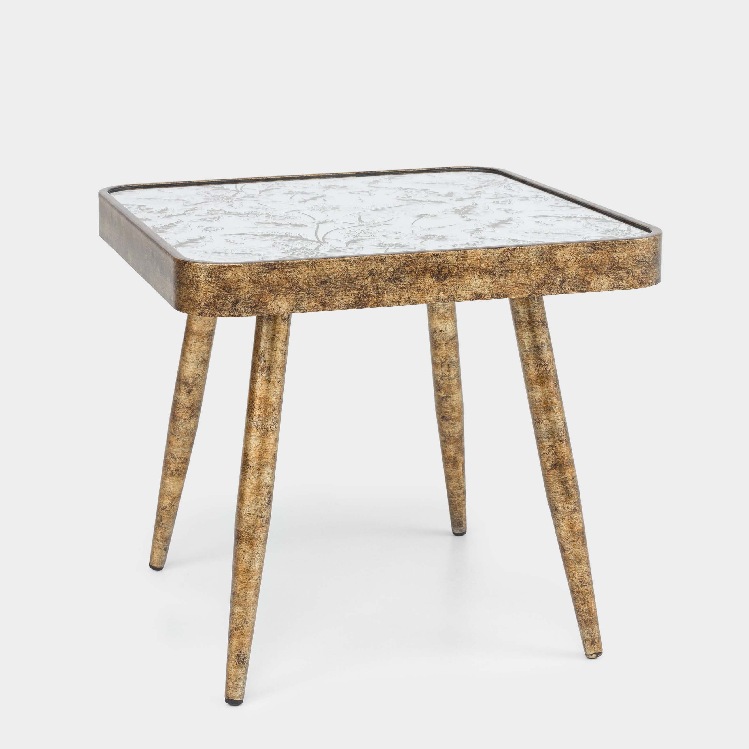 Coffee table, 40x36 cm, glass / plastic, square, golden, Flowers, Floral