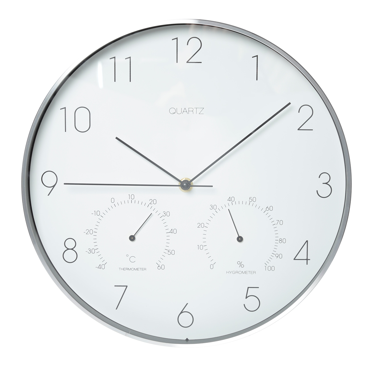 Wall clock, 31 cm, with thermometer and hygrometer, plastic / glass, round, white, Dial, image-0