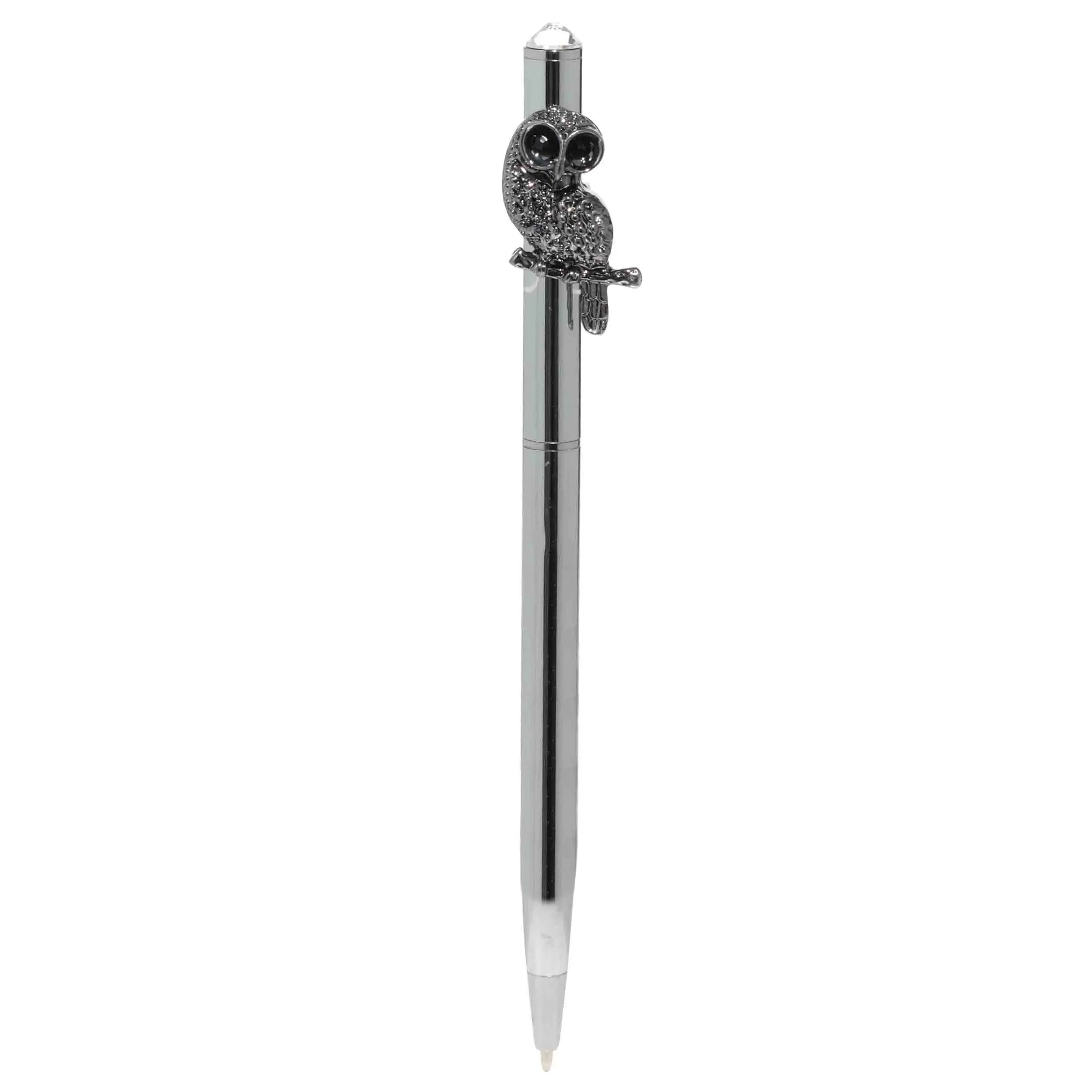 Ballpoint pen, 14 cm, with a figure, steel, black and silver, Owl, Draw figure, image-0