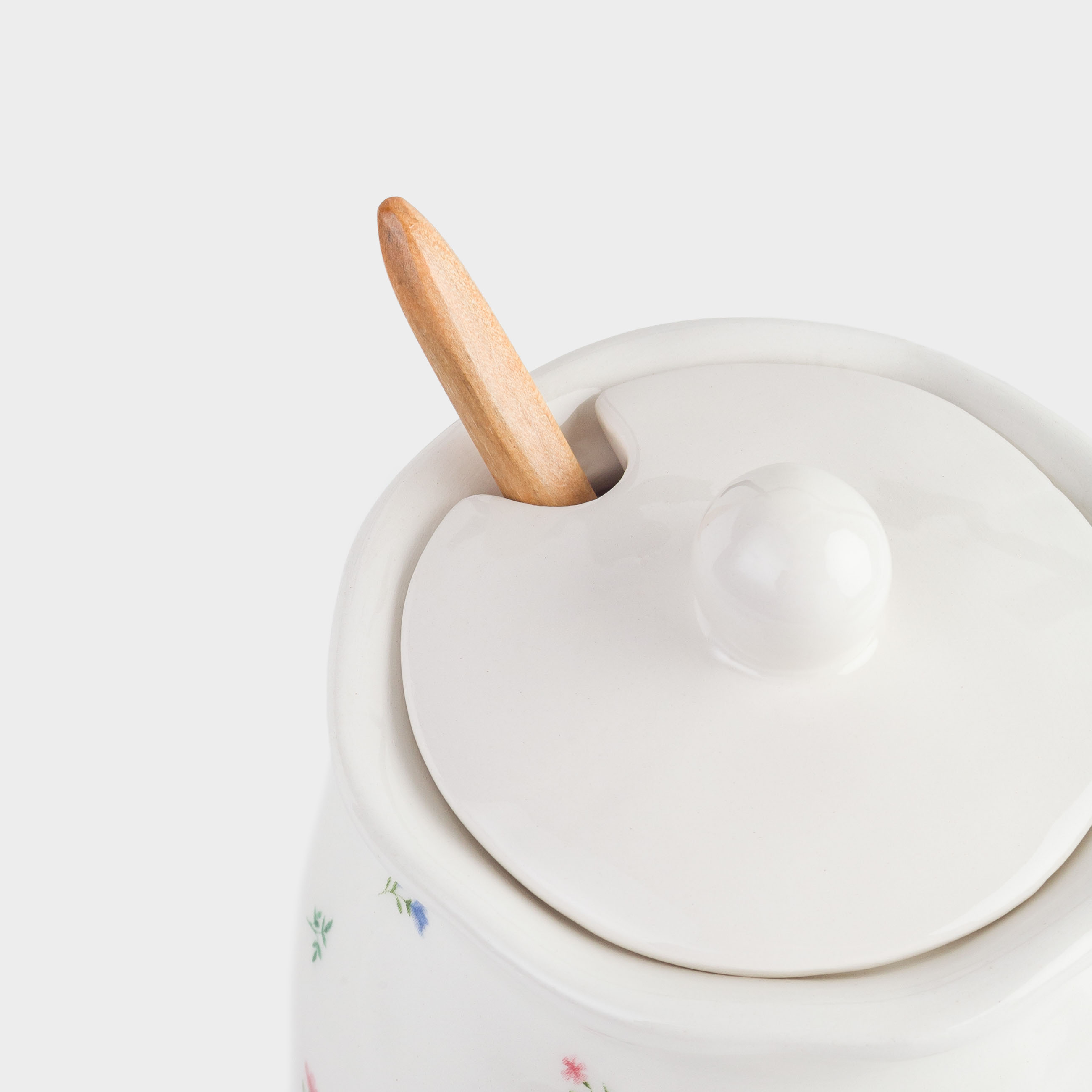 Sugar bowl, 12 cm, 370 ml, with spoon, ceramic / wood, milky, Flowers, El flora
