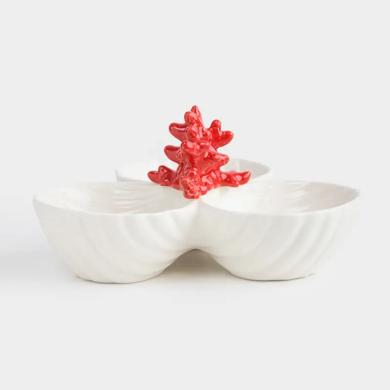 Divided plate, decorated, 26 cm, 3 compartments, porcelain P, white and red, Shells with coral, Coral ,image-0