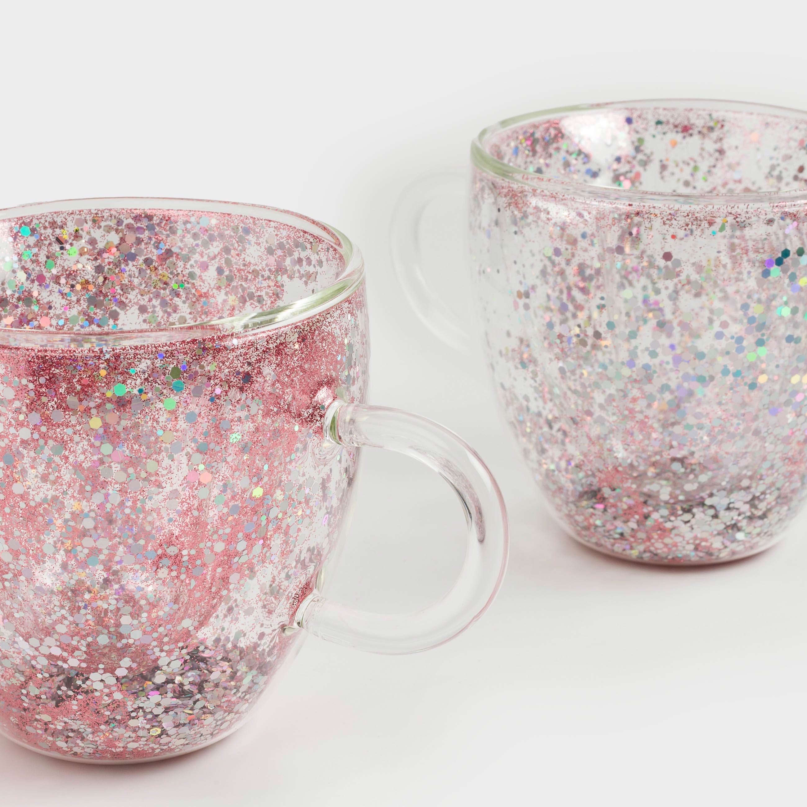 Mug, 250 ml, 2 pcs, glass B, with silver-pink sequins, Heart, Air sparkly, image-6