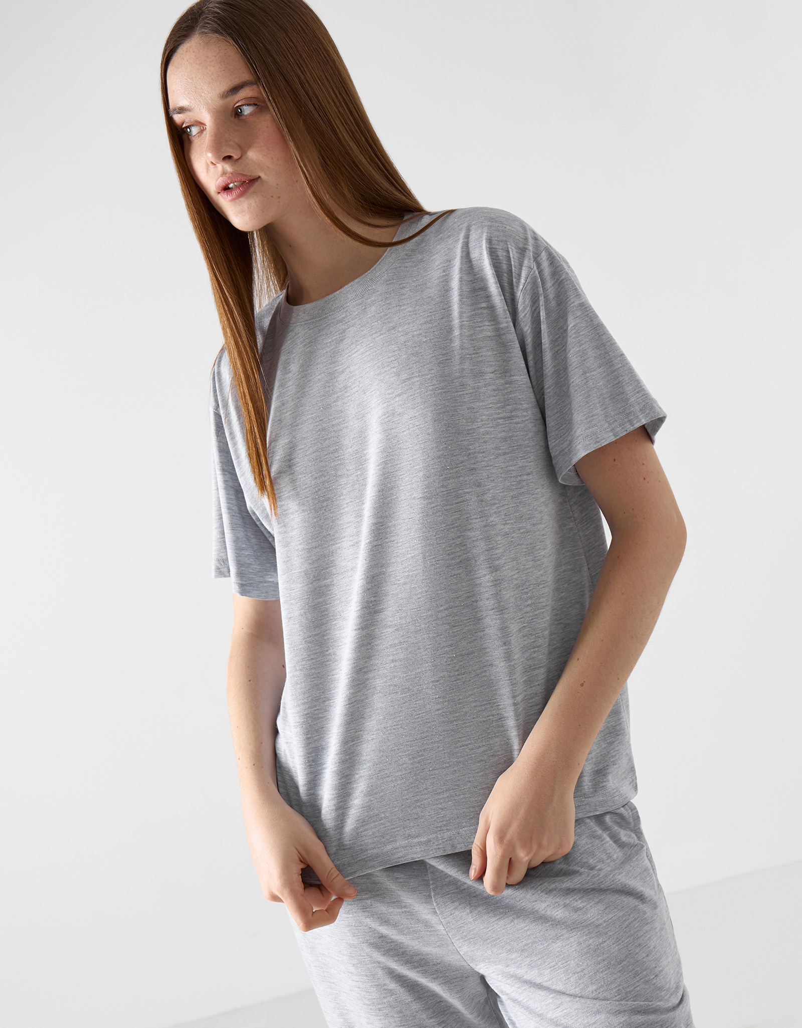 Women's T-shirt, homewear, size L, polyester / viscose / lurex, light gray, Awereona, image-6
