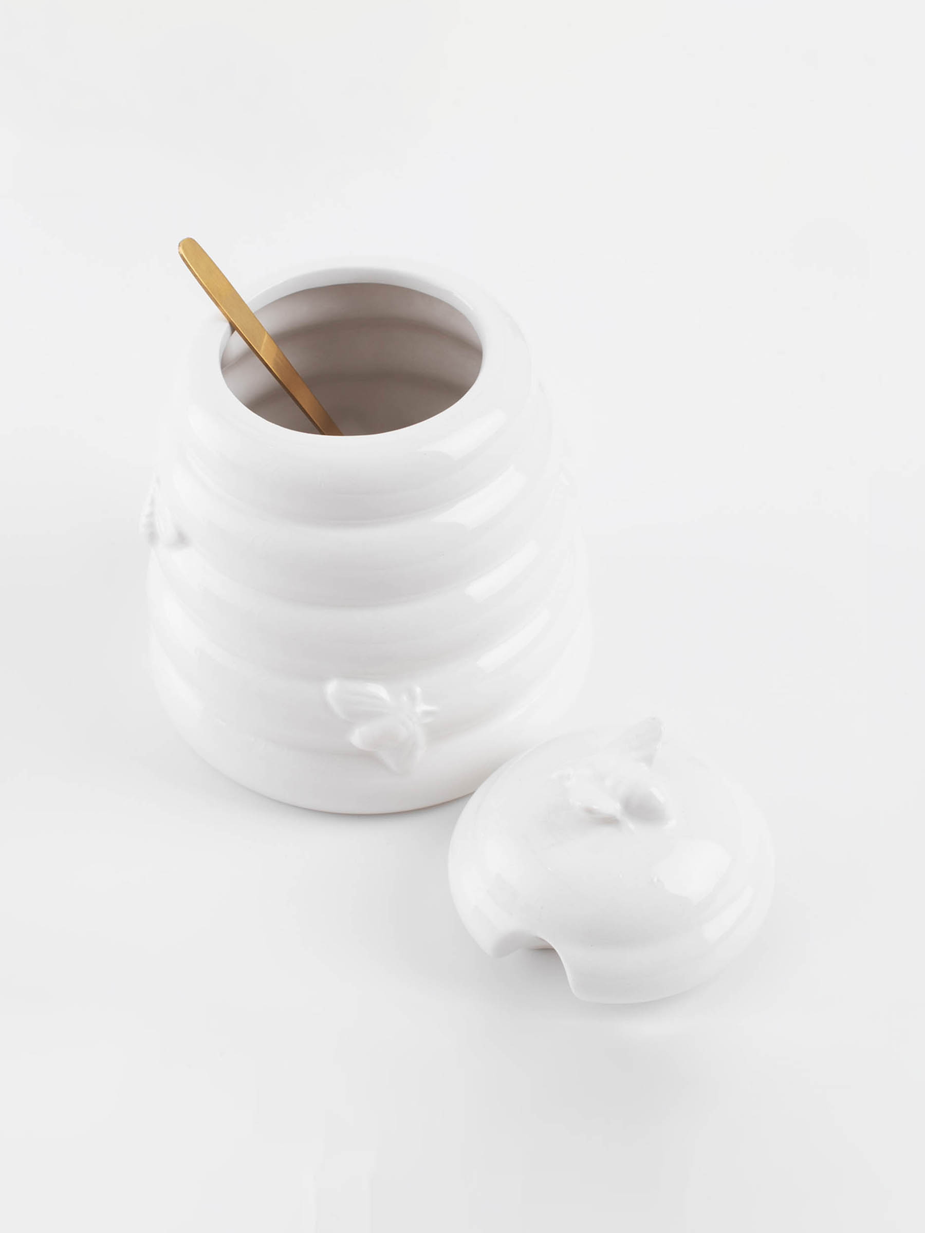 Honey jar, 650 ml, with spoon, ceramic / steel, milk, Bees, Honey, image-3
