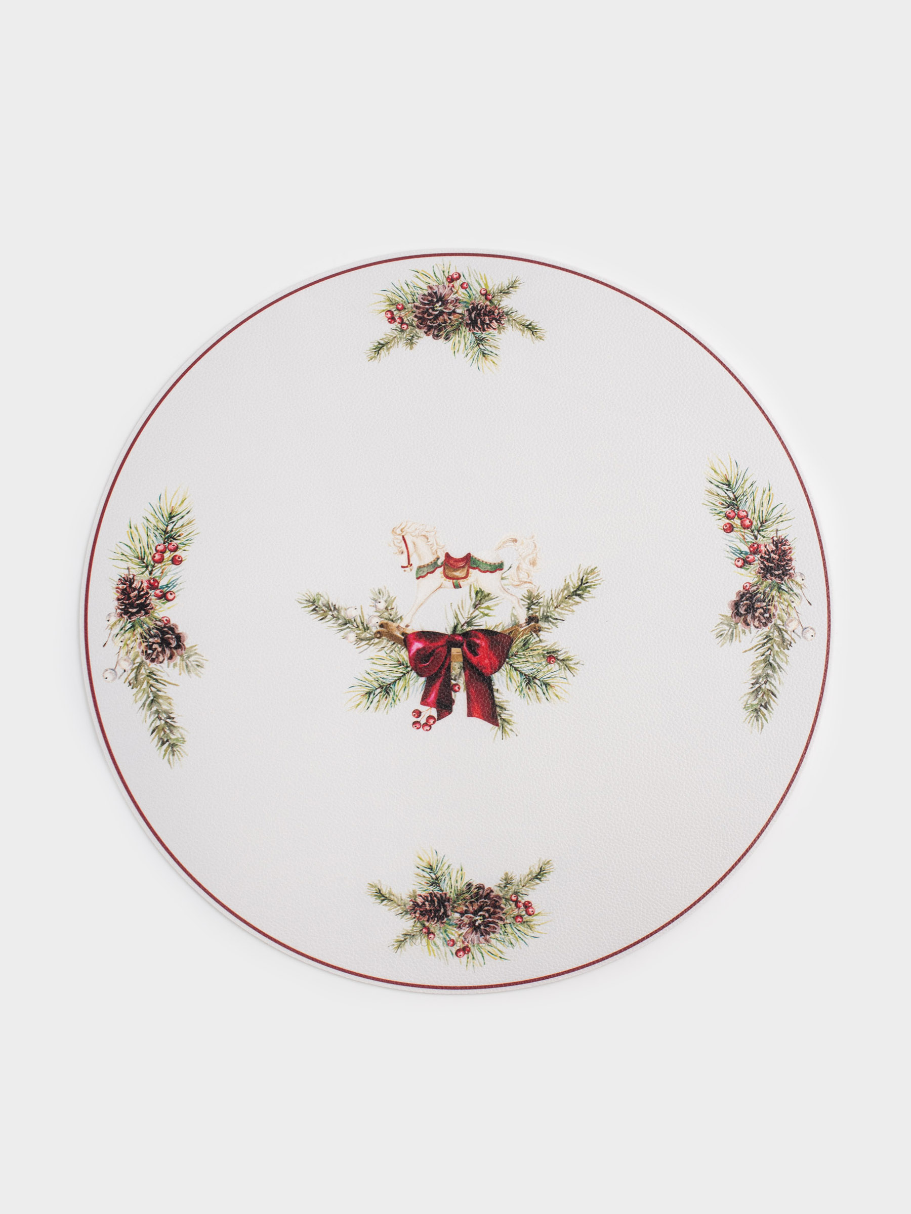 Placemat, 38 cm, PVC, round, white, Horse and fir branches, Rock print, image-0