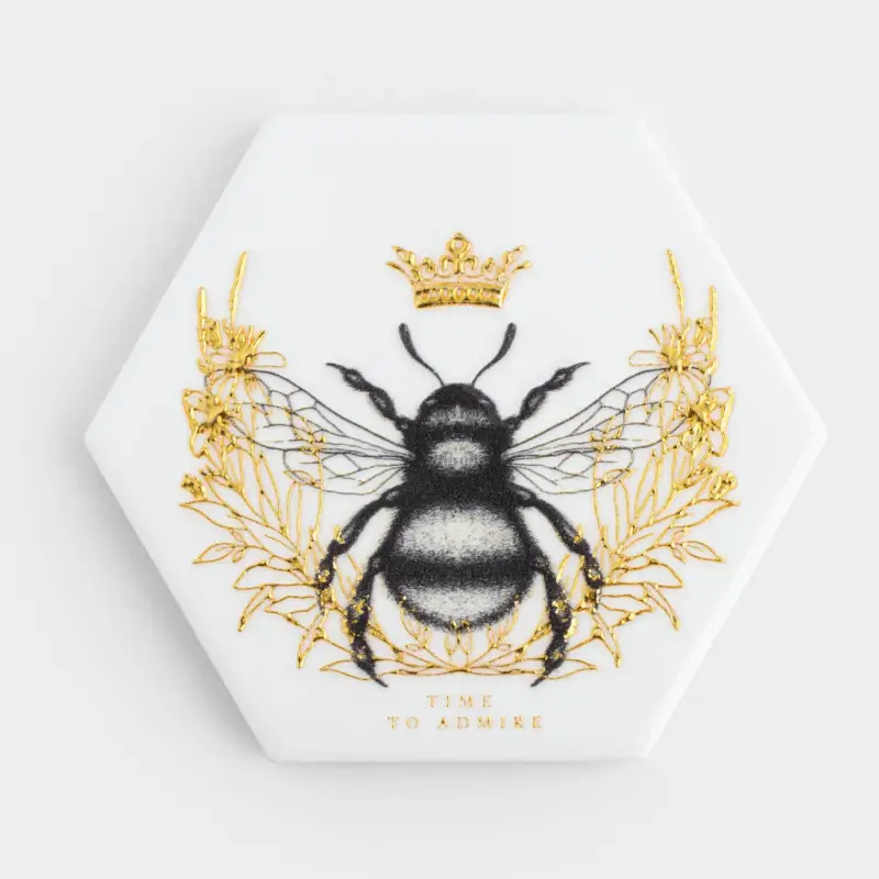 Coaster, 11 cm, ceramic / cork, hexagonal, white, Royal bee, Honey