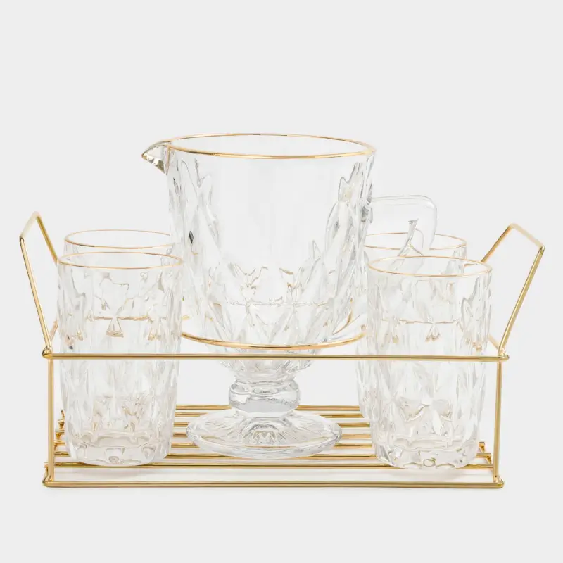 Set for drinks, 4 persons, 5 items, on a stand, glass R / metal, golden, Rhomb gold