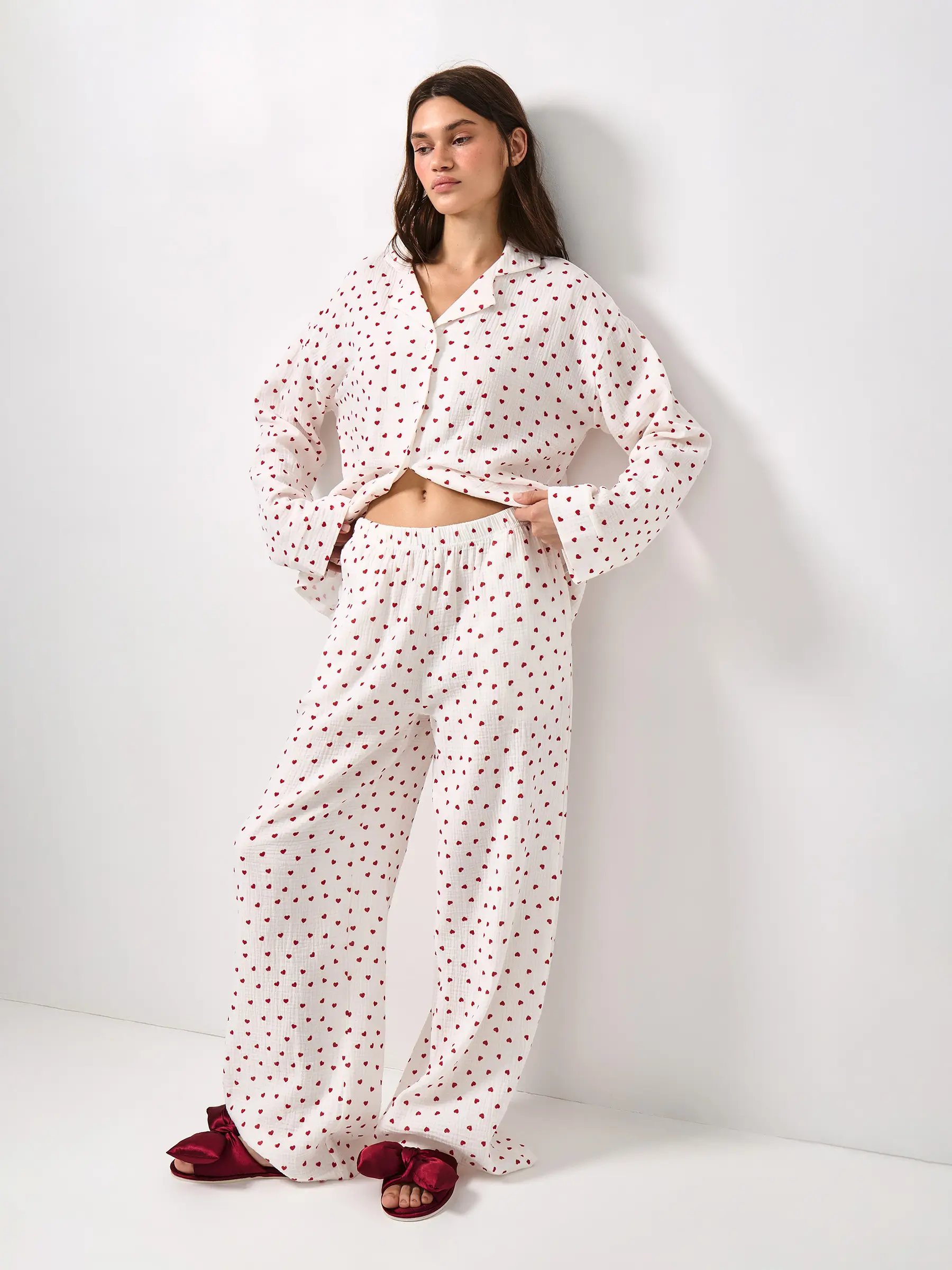 Women's trousers, homewear, size L, muslin, milky, Flowers, Ateira