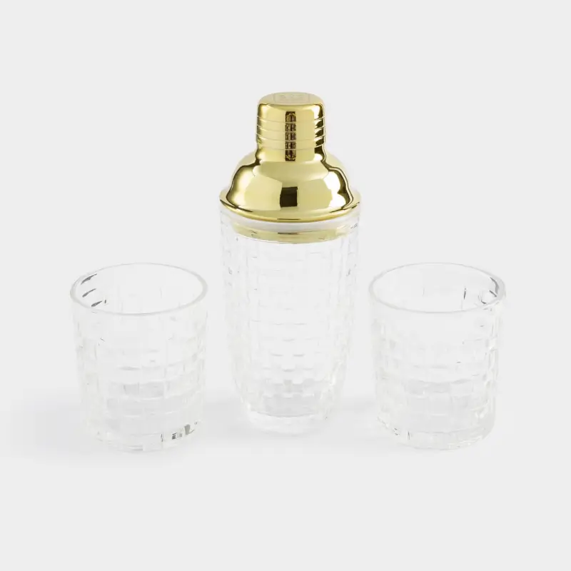 Drink set, 2 persons, 3 items, shaker / glasses, glass R / steel, golden, Mosaic gold, image-0