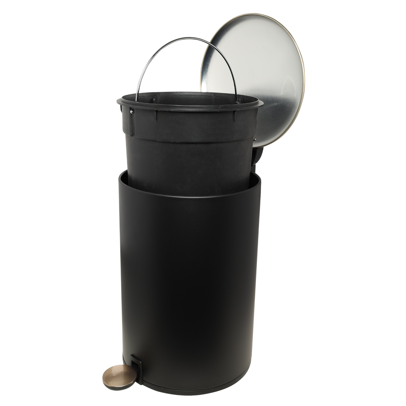 Trash can, 12 l, with pedal, metal, black and gold, Black chic