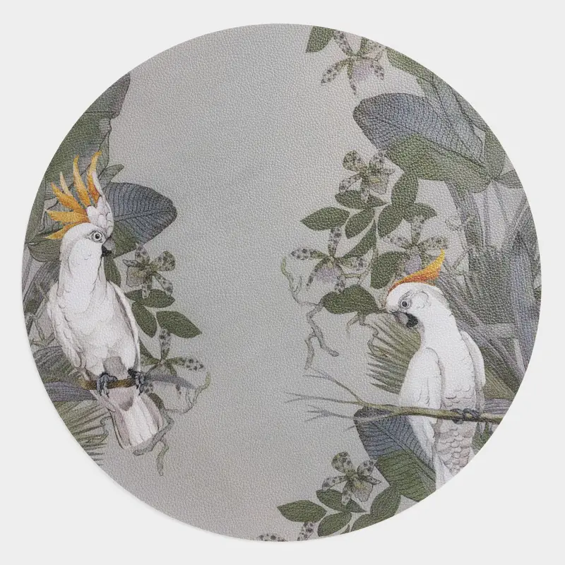 Placemat, 33 cm, PVC, round, khaki, Cockatoo on a branch, Rock print