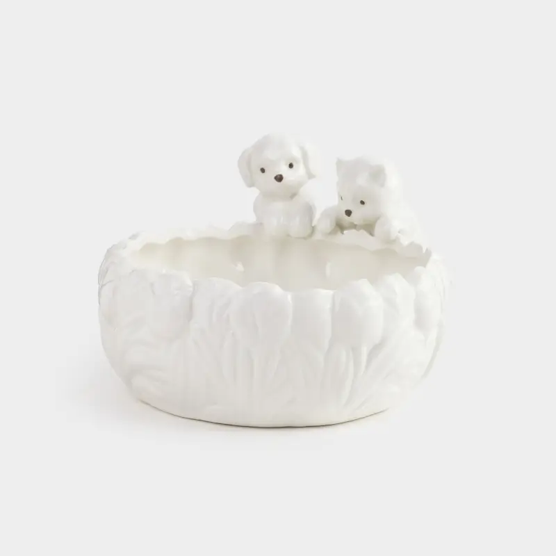 Candy bowl, 16x7 cm, ceramic, milky, Cat and dog with tulips, Tulip ,image-0