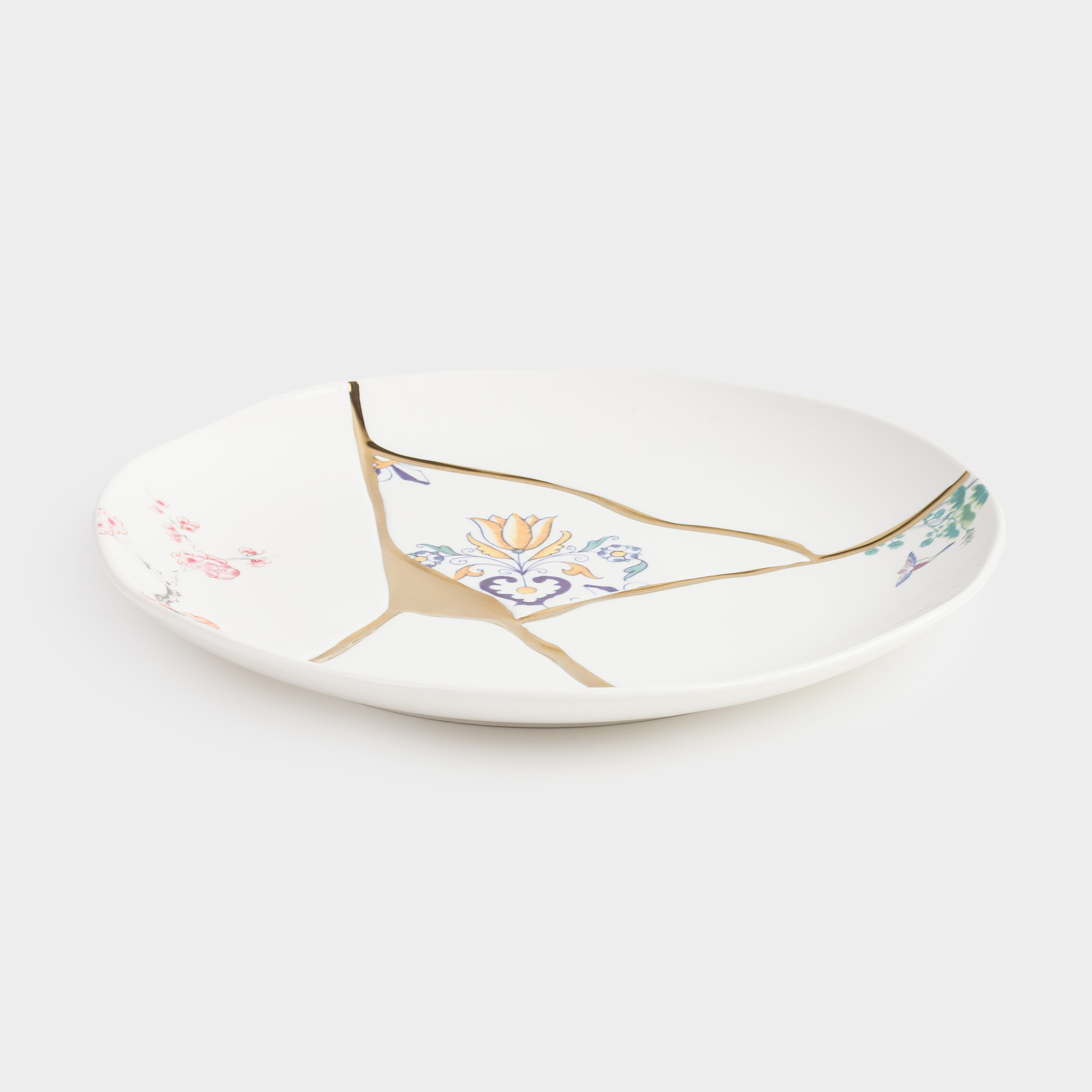 Dinner plate, 27 cm, porcelain N, white and gold, Kintsugi, Kintsugi