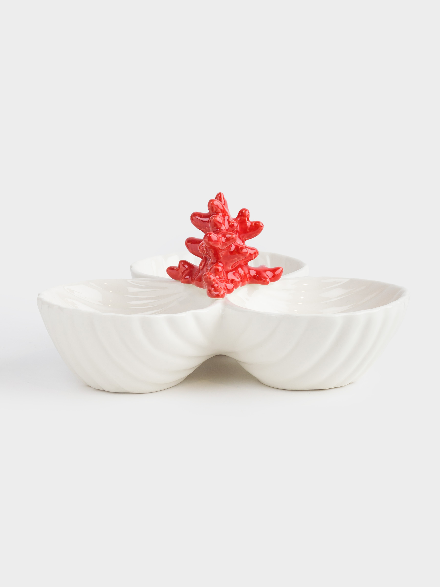 Divided plate, decorated, 26 cm, 3 compartments, porcelain P, white and red, Shells with coral, Coral, image-0