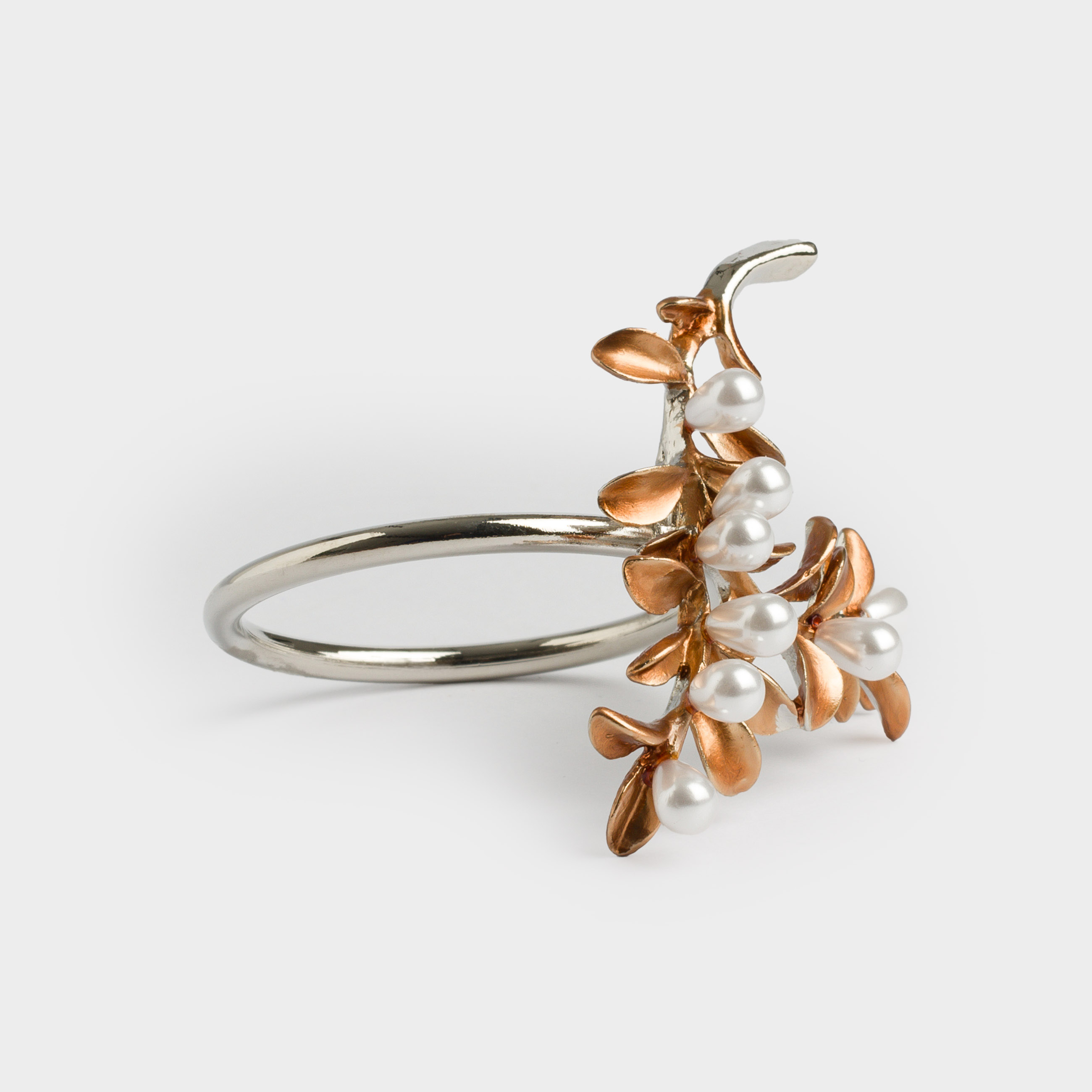 Napkin ring, 6 cm, metal / plastic, silver-gold, Leaves and beads, Pearl