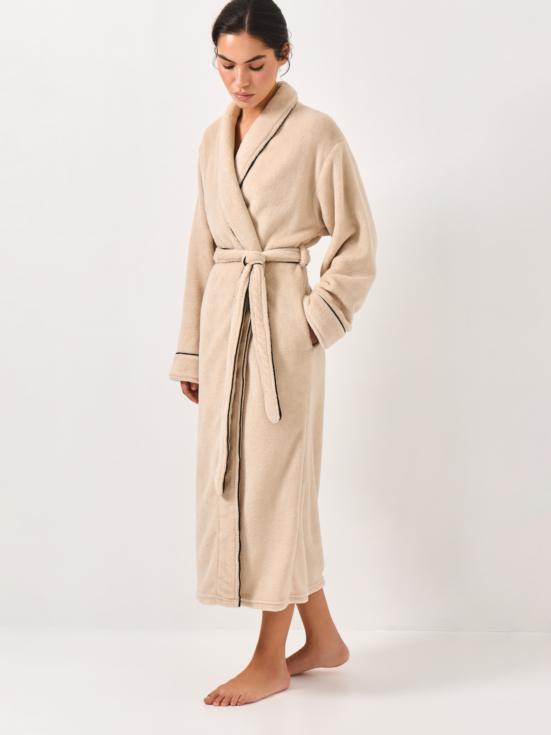 Women's robe, homewear, size S / M, with long sleeves, fleece, beige, Black edging, Jack, image-3