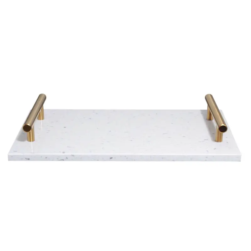 Tray, 30x20 cm, rectangular, cement / steel, white-gold, speckled, Terrazzo