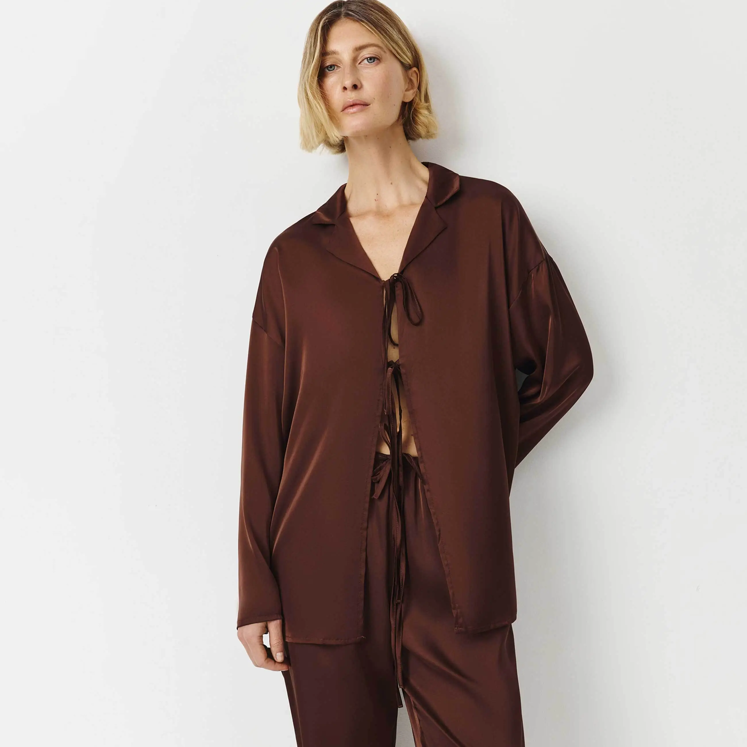 Women's shirt, homewear, size L, with long sleeve, with ties, polyester, brown, Derin