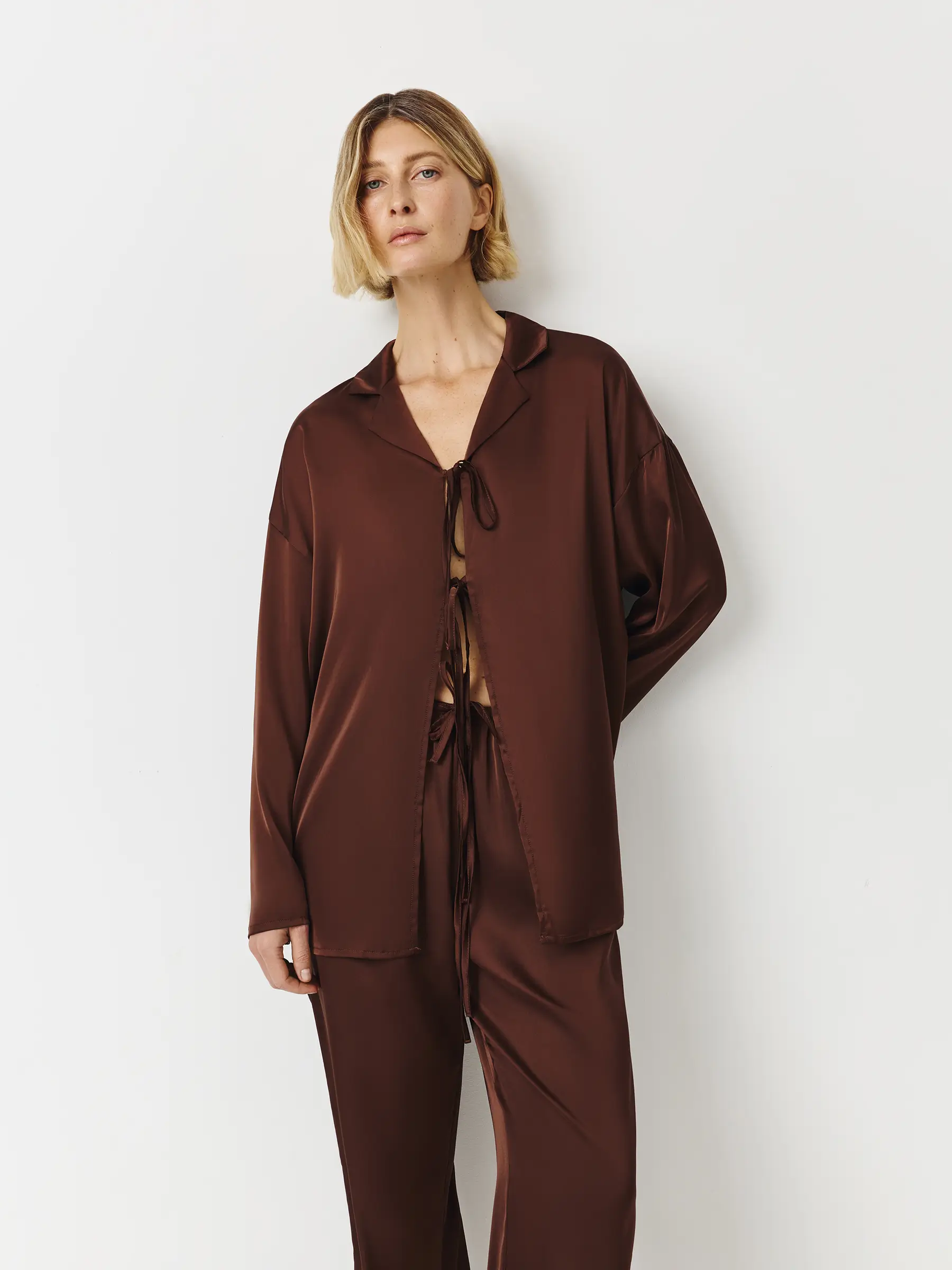Women's shirt, homewear, size L, with long sleeve, with ties, polyester, brown, Derin