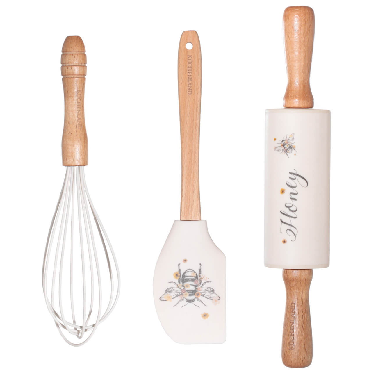 Baking set, 3 items, spatula /whisk/Rolling pin, silicone / wood, beige, Bumblebee, Honey