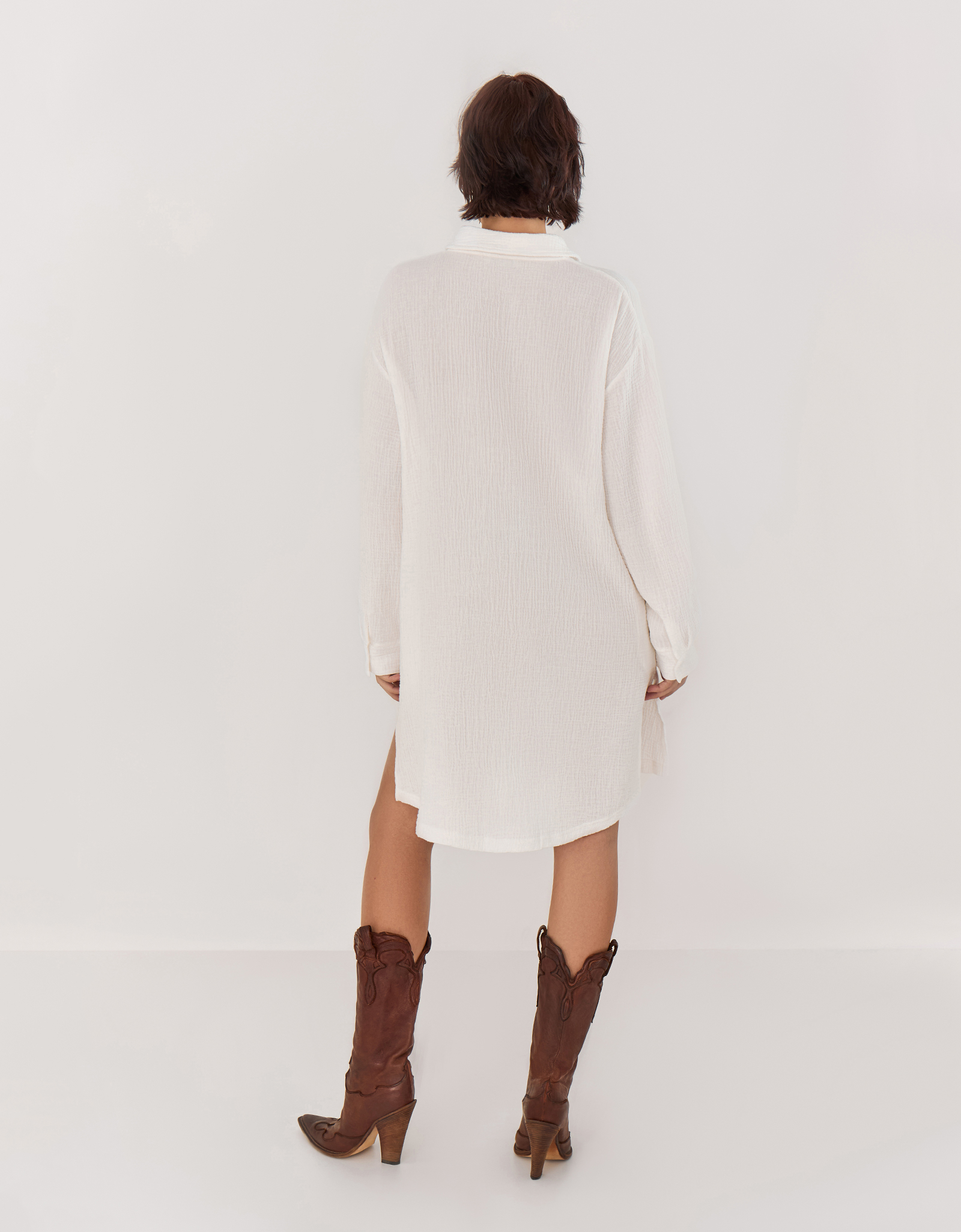 Women's shirt dress, mini, size L, with long sleeves, muslin, milky, Allison, image-4