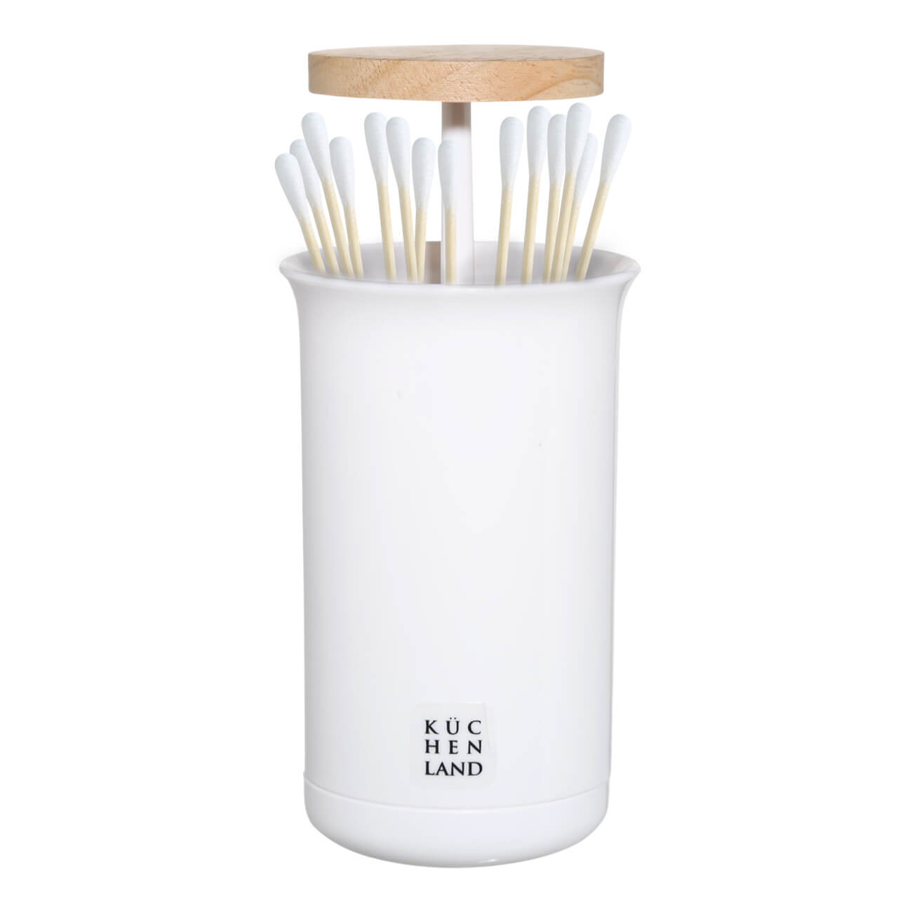 Cotton swab container, 12 cm, plastic / rubber wood, White, White style