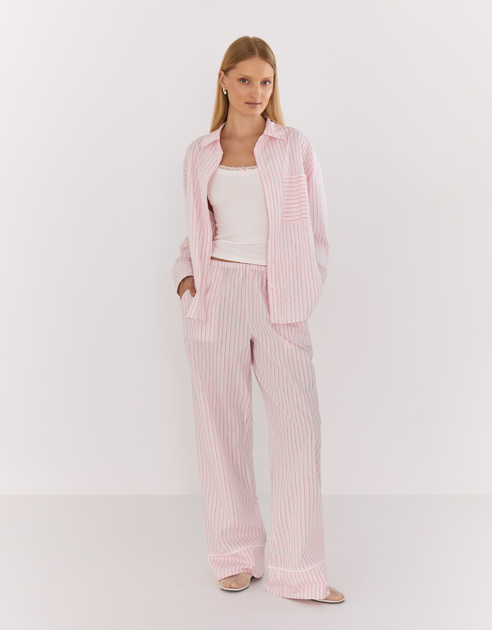 Women's trousers, homewear, size L, cotton, white and pink, Stripe, Sheria, image-0