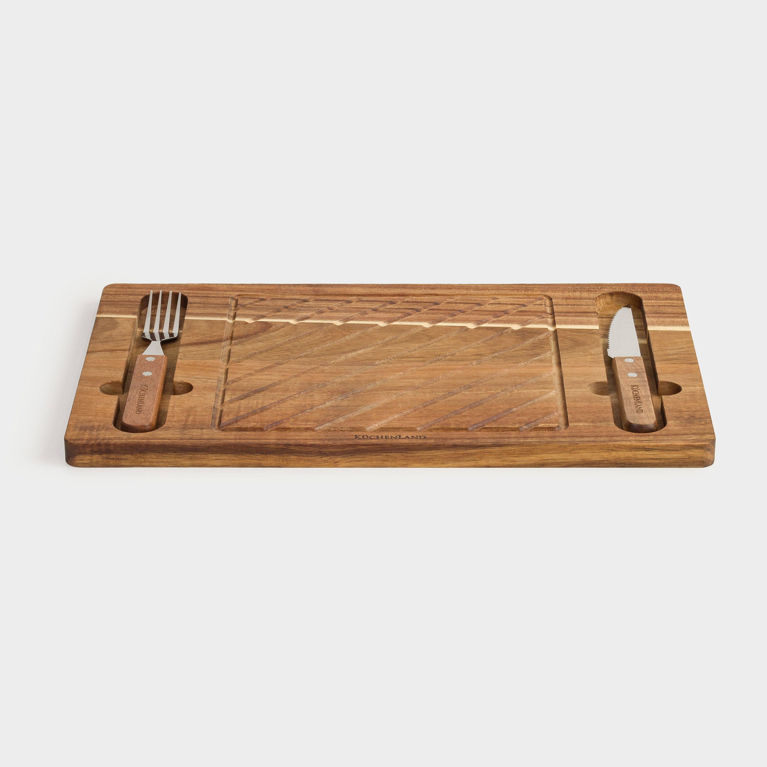 Steak serving set, 1 person, 3 items, wood / steel, BBQ
