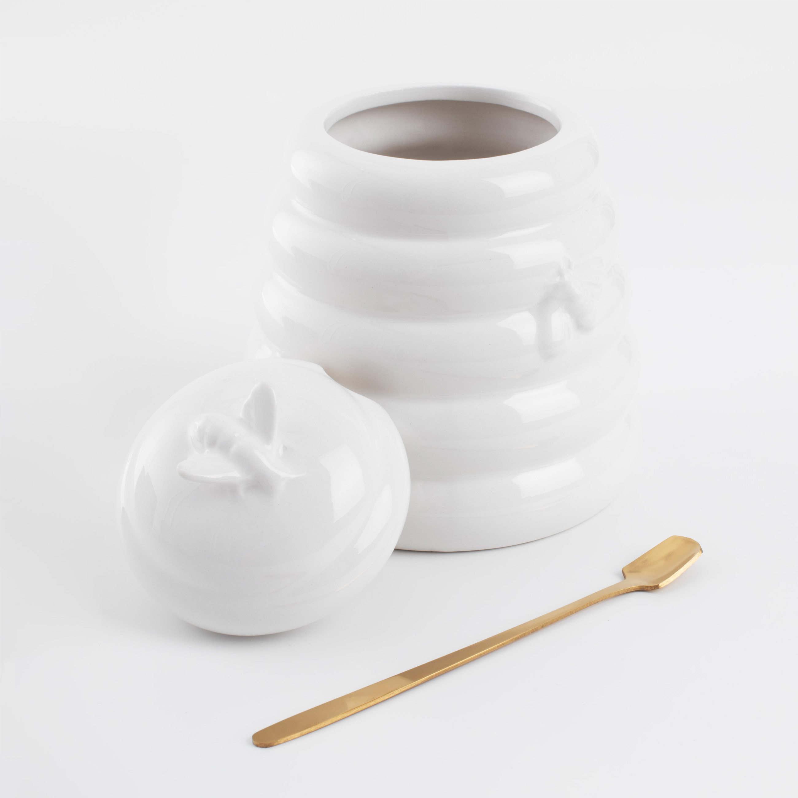 Honey jar, 650 ml, with spoon, ceramic / steel, milk, Bees, Honey