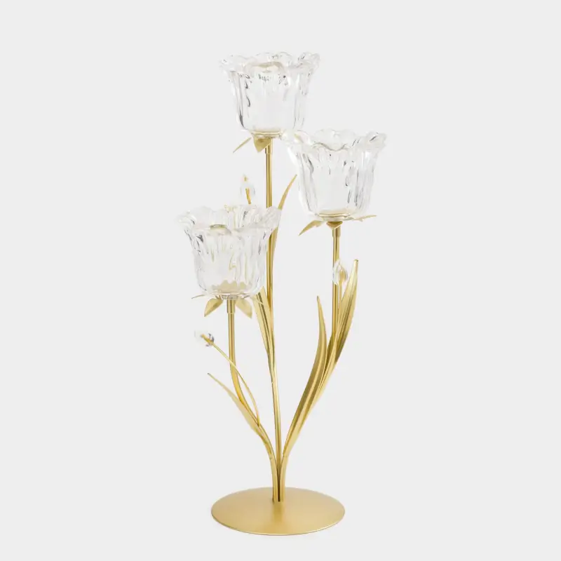 Candlestick, 45 cm, 3 tea candles, glass / metal, golden, Flowers, Fantastic flowers
