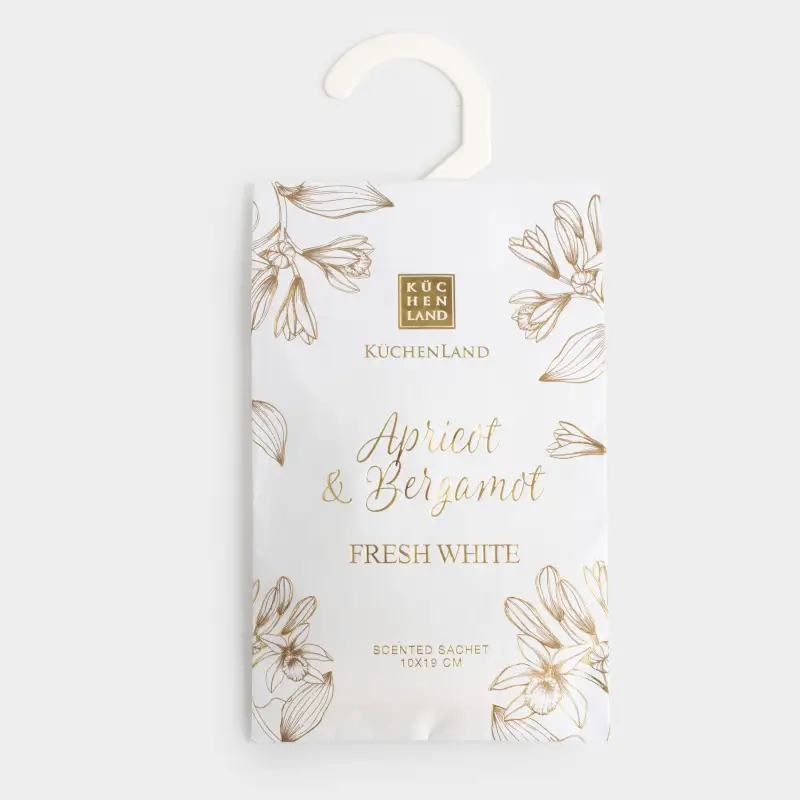 Scented sachet, 10x19 cm, hanging, Apricot & Bergamot, Fresh white