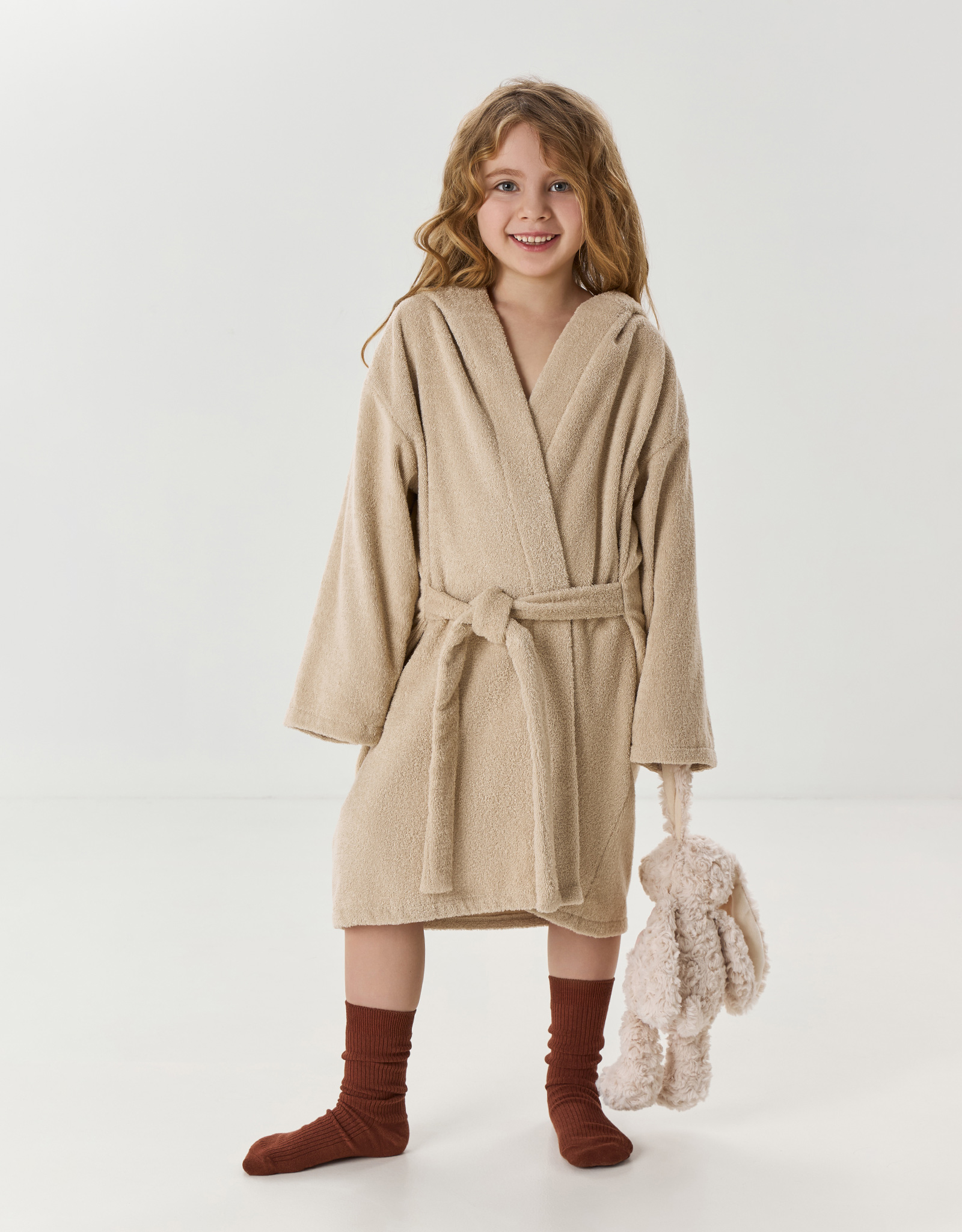 Children's robe, size 110-122 cm, with long sleeves, hooded, cotton, beige, Ears, Teddy, image-0