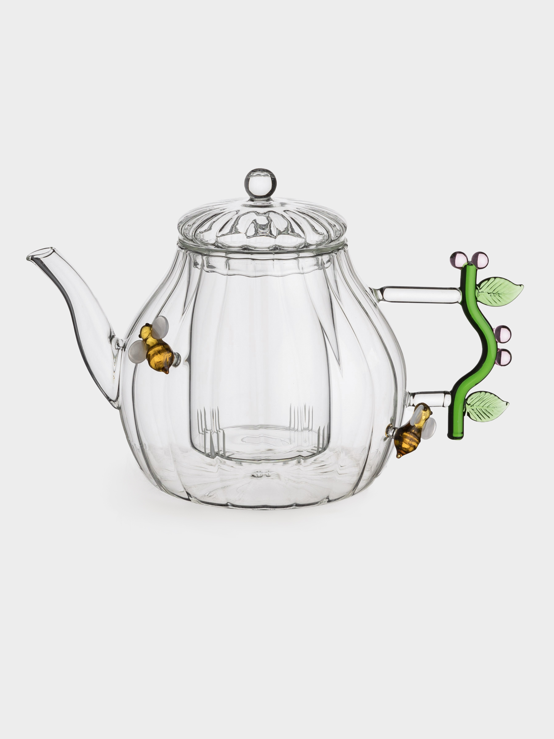 Teapot, 1 l, glass B, with green handle, Bees, Camellia shape, image-0