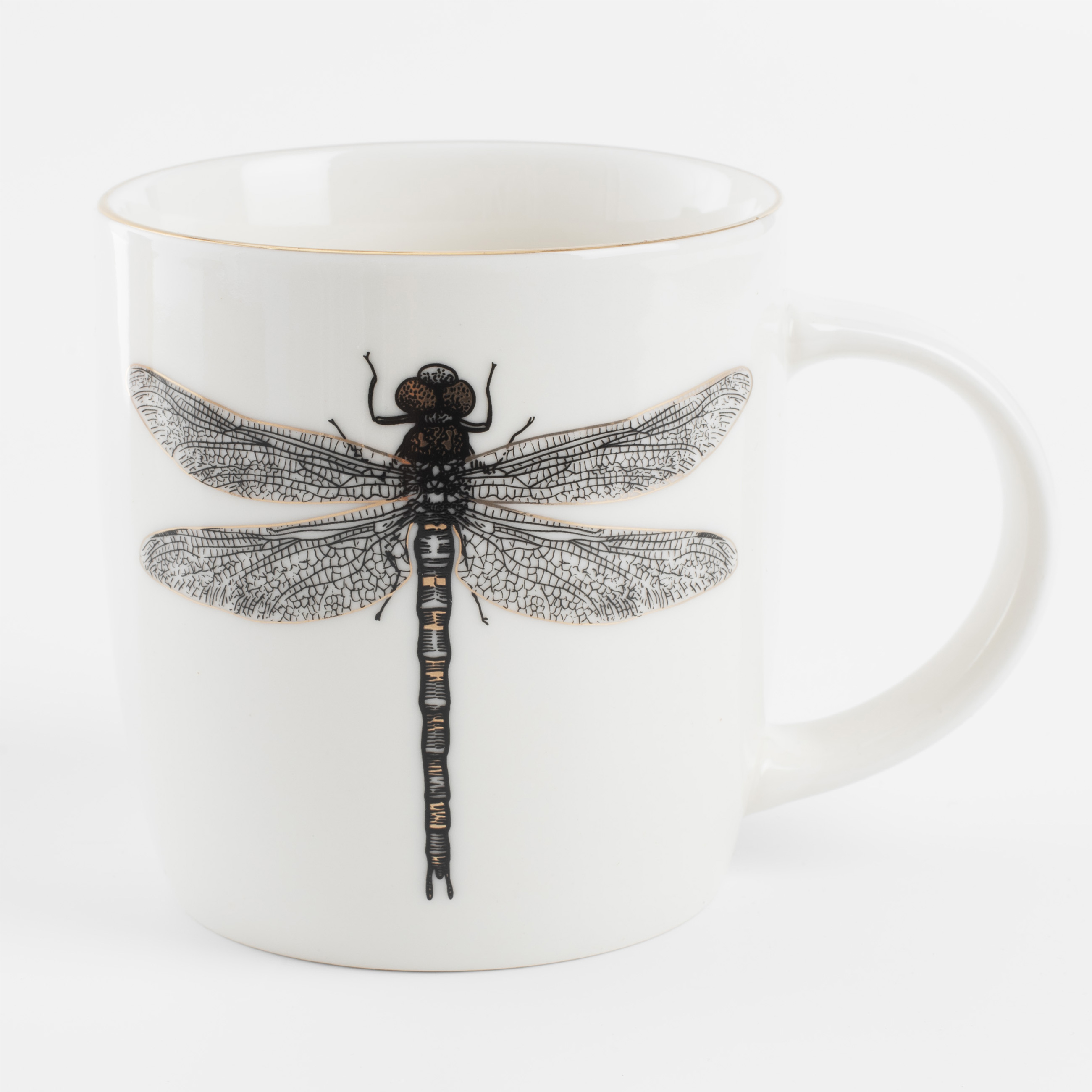Mug, 380 ml, porcelain N, white, with golden edging, Dragonfly, Bugs, image-0