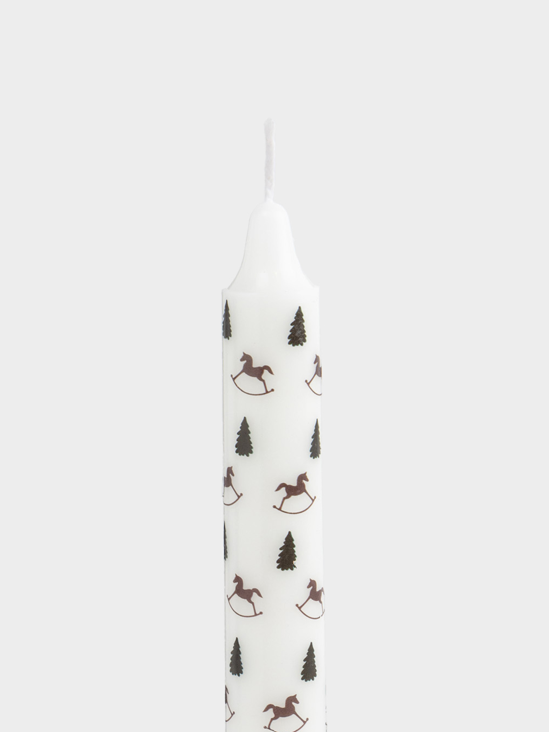 Candle, 20 cm, thin, white, Horses and Christmas trees, Print candle, image-1