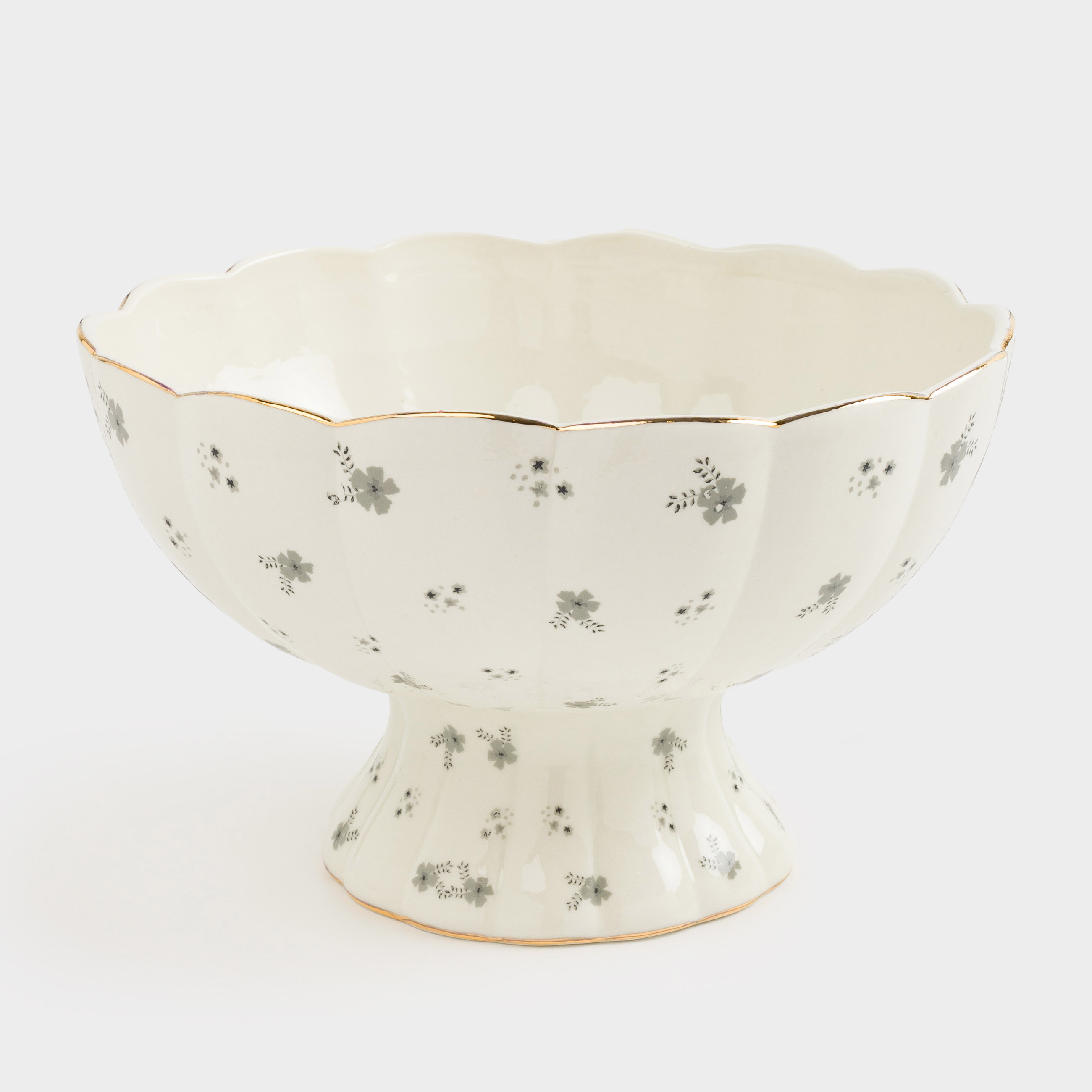 Fruit bowl, 24x15 cm, on a leg, porcelain P, milky, with golden edging, Grey flowers, Florals, image-2