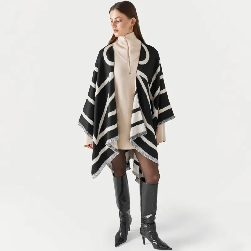 Poncho, 130x160 cm, with fringe, double-sided, viscose / polyester, milky black, poncho