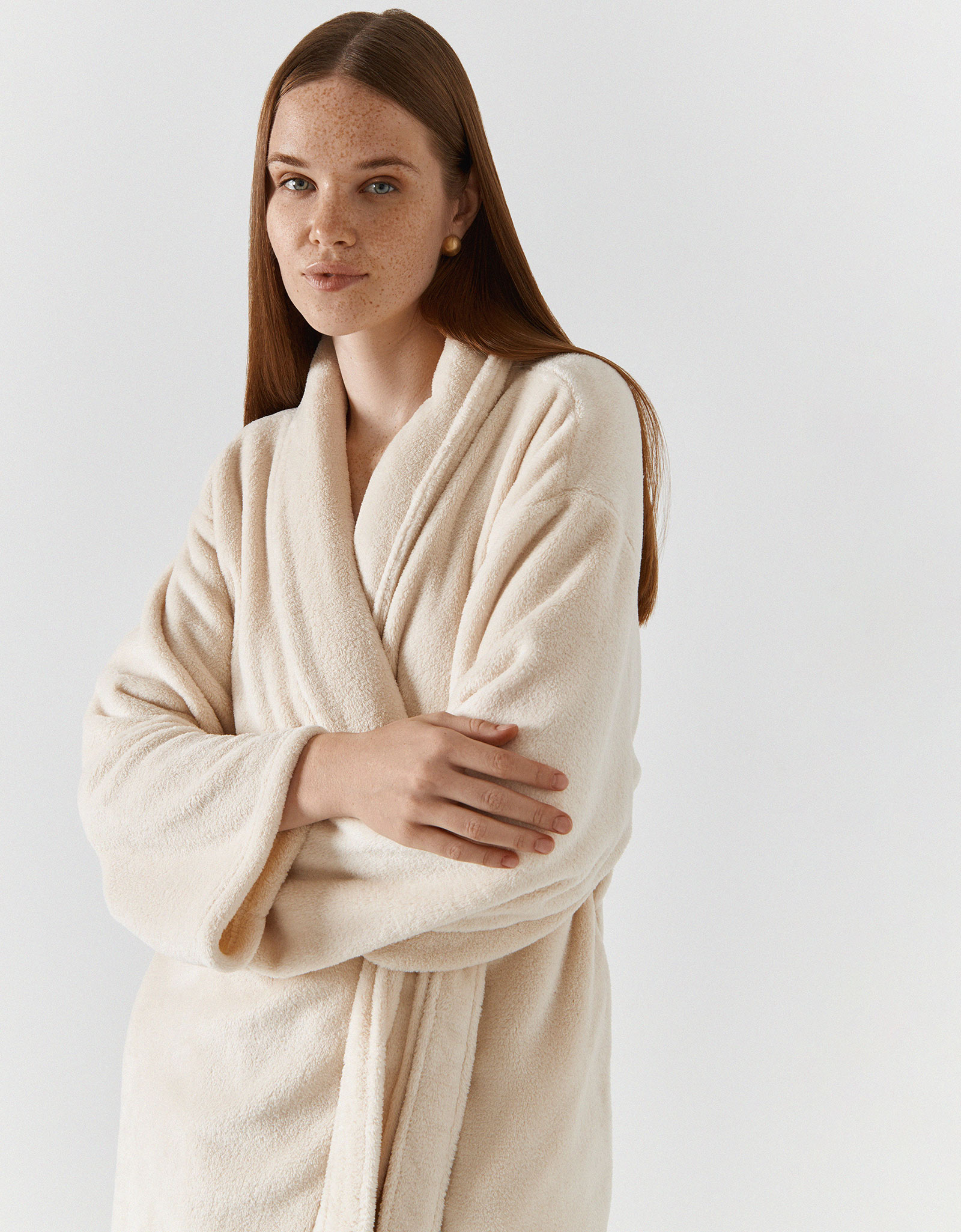 Bathrobe for women, homewear, size L / XL, with long sleeves, fleece, milk, Letisha, image-6