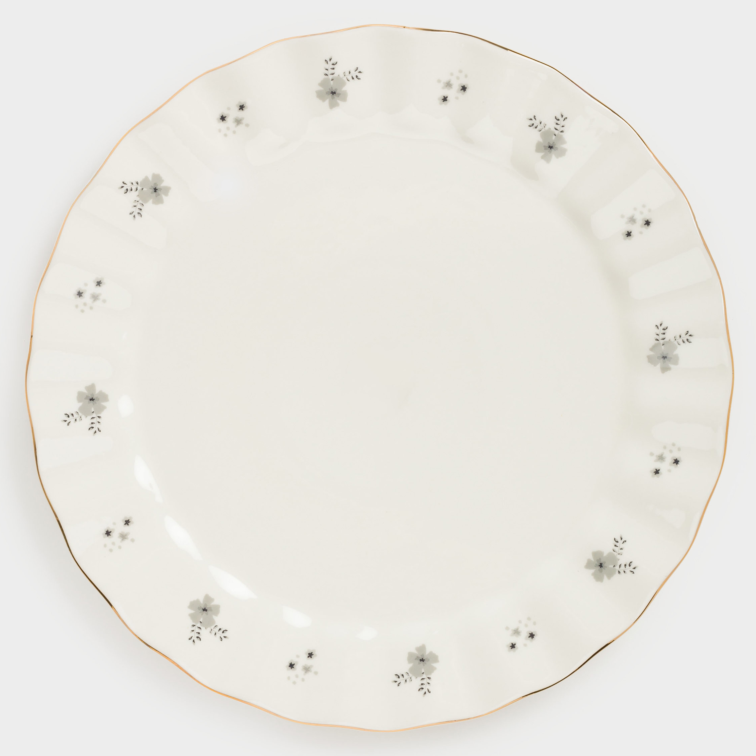 Dinner plate, 27 cm, porcelain P, milky, with golden edging, Grey flowers, Florals, image-0