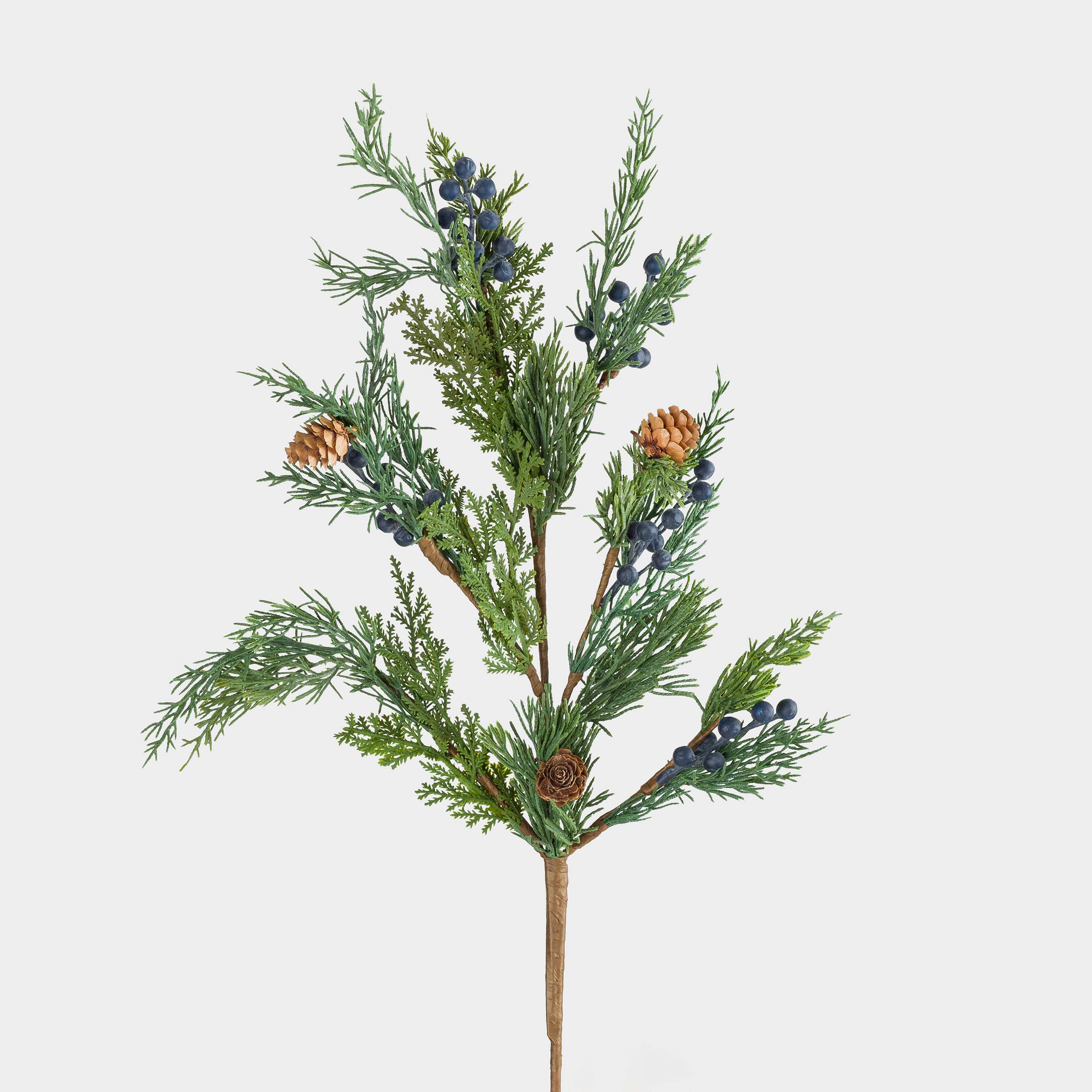 Decorative branch, 84 cm, polyethylene / foam, Needles with blue berries and cones, Blue berry, image-1